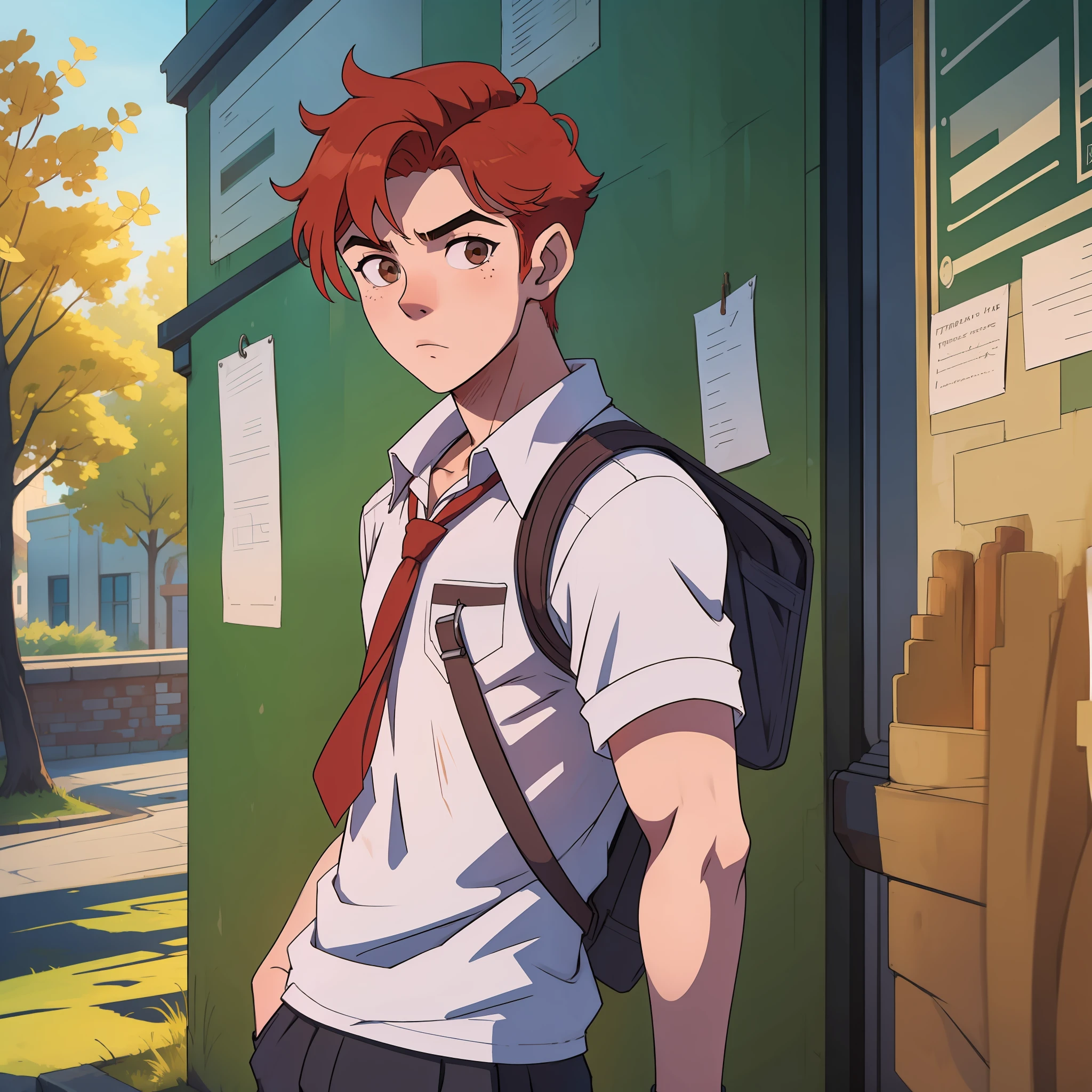 Young handsome teenager boy red hair at school