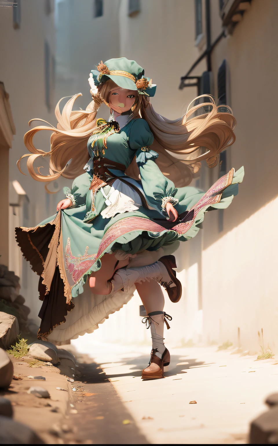 masterpiece, Europa Street, blue sky, thin blonde, long hair, long eyelashes, green eyes, green maid clothes, smile, ribbon in hair, gentle expression, headdress, twin tails, big