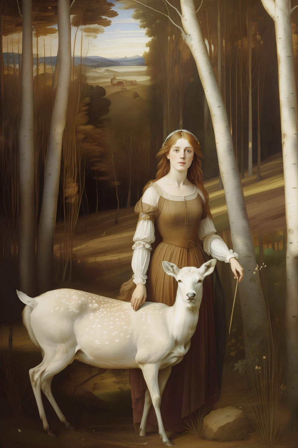 cabelos loiros, (((Pre-Raphaelite and Renaissance painting))), qualidade excepcional, incredible details, Portrait of a blonde Celtic maiden and a white deer in a birch forest. paisagem celta, sun sunset.@Derwydd