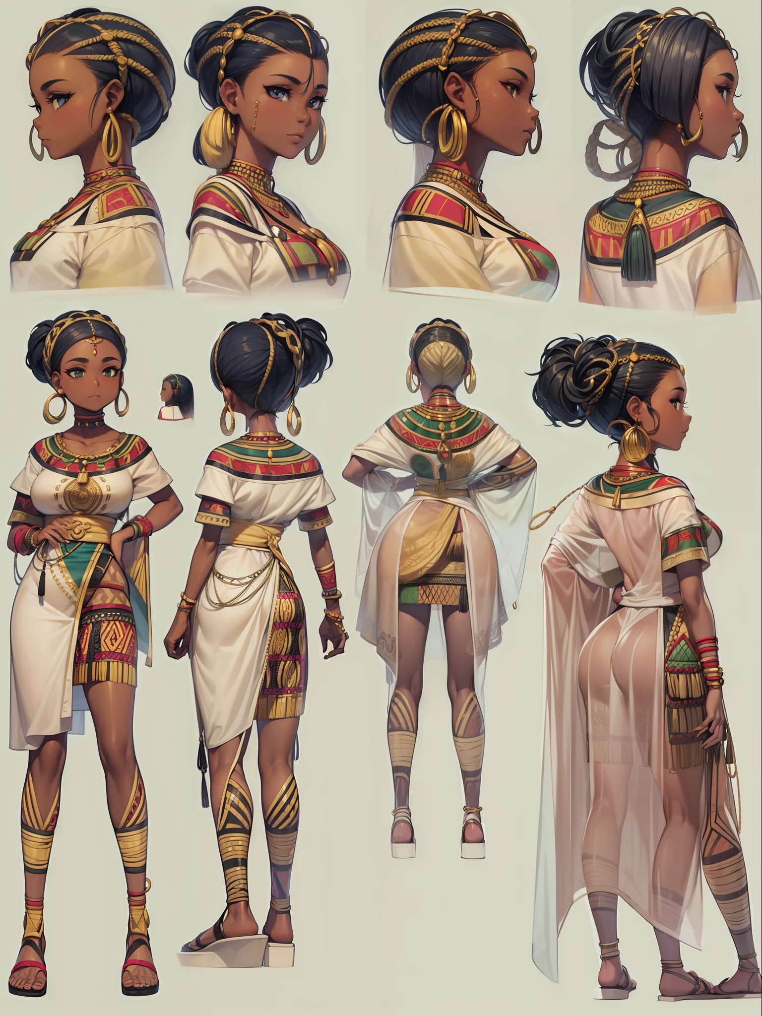 "(Character Design Sheet: 1.2), (Front View, Side View, Back View), Crazy Amount of Details, Error-free Character Design, {(African Woman, Ethnicity, African Culture Clothing: 1.2)}."