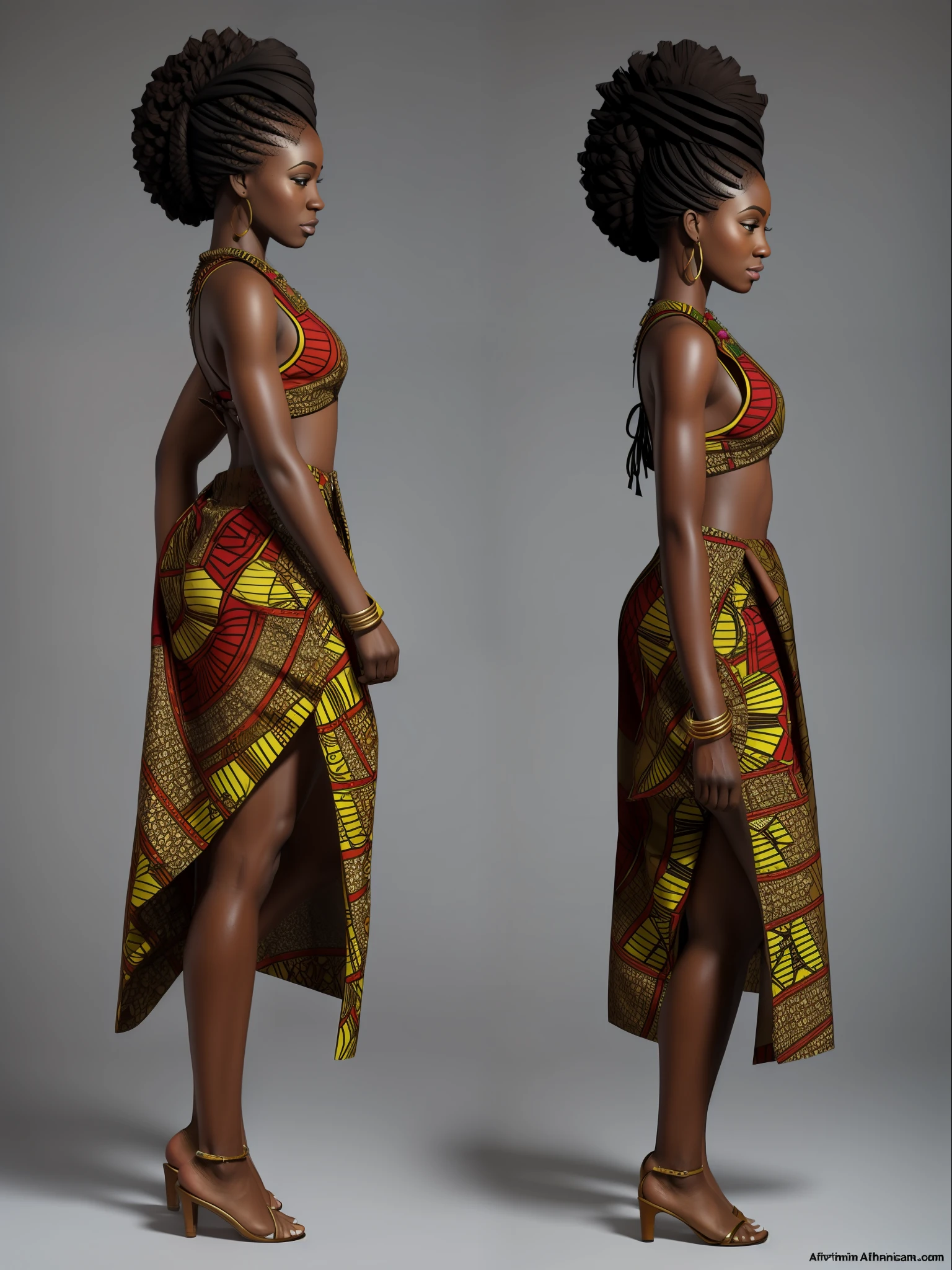 "(Character Design Sheet: 1.2), (Front View, Side View, Back View), Crazy Amount of Details, Error-free Character Design, {(African Woman, Ethnicity, African Culture Clothing: 1.2)}."