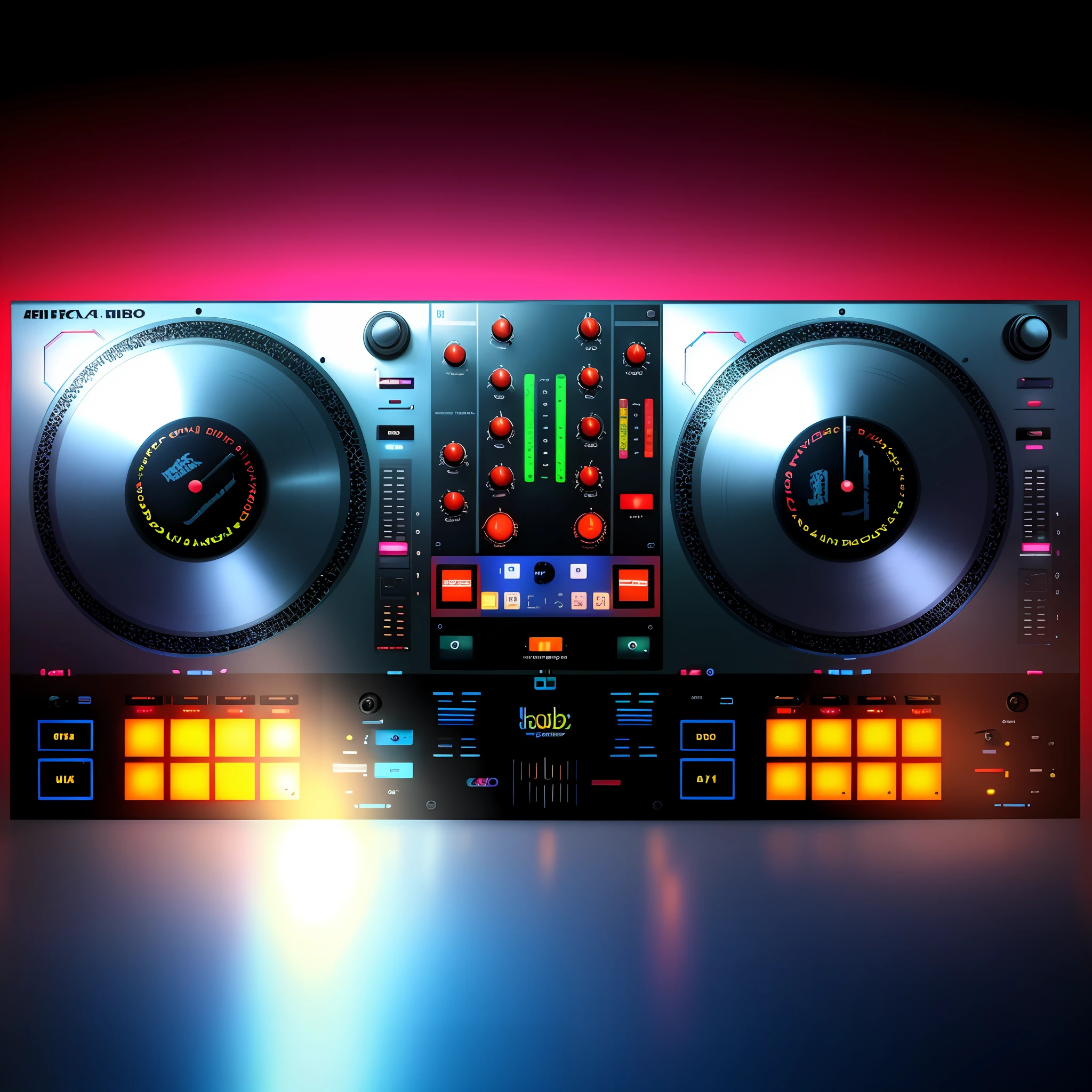Um close up de um controlador de DJ com dois toca-discos, Mixer DJ, DJ, DJING com toca-discos DJ, turntables, Conjunto de DJ, turntablist, Turntablism DJ arranhando, audio equipments, Deck do controlador, Festa DJ Rave, tocando techno house music, Arte Digital - W 700, 🎨🖌️