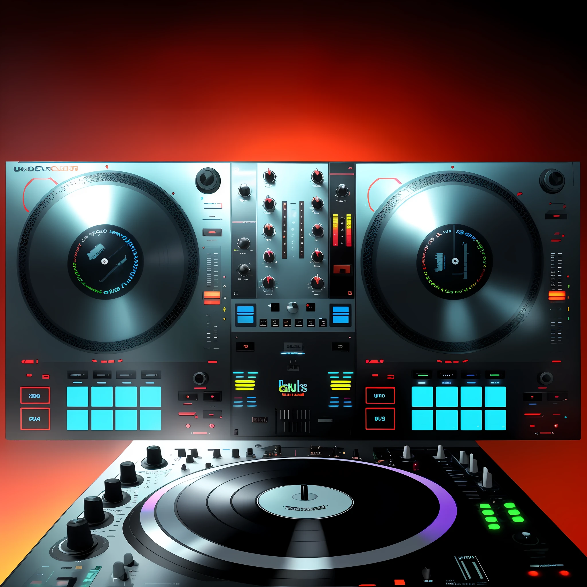 Um close up de um controlador de DJ com dois toca-discos, Mixer DJ, DJ, DJING com toca-discos DJ, turntables, Conjunto de DJ, turntablist, Turntablism DJ arranhando, audio equipments, Deck do controlador, Festa DJ Rave, tocando techno house music, Arte Digital - W 700, 🎨🖌️