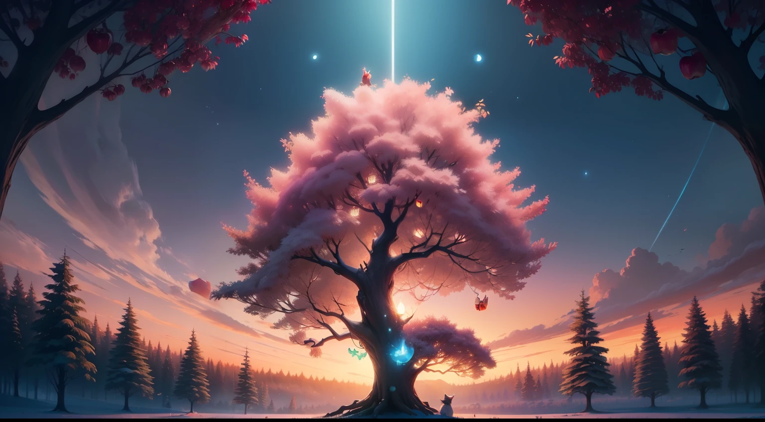 Create a captivating thumbnail illustrating the heartwarming tale of 'The Generous Apple Tree.' Depict the wise owl perched on a branch, overlooking the apple tree's lush and vibrant canopy of apples. Show the tree surrounded by diverse and happy animals, symbolizing the power of friendship and unity. Use vivid colors and intricate details to convey the magical essence of this motivational story, leaving viewers eager to discover the transformative journey of the apple tree and its profound message of generosity and meaningful connections