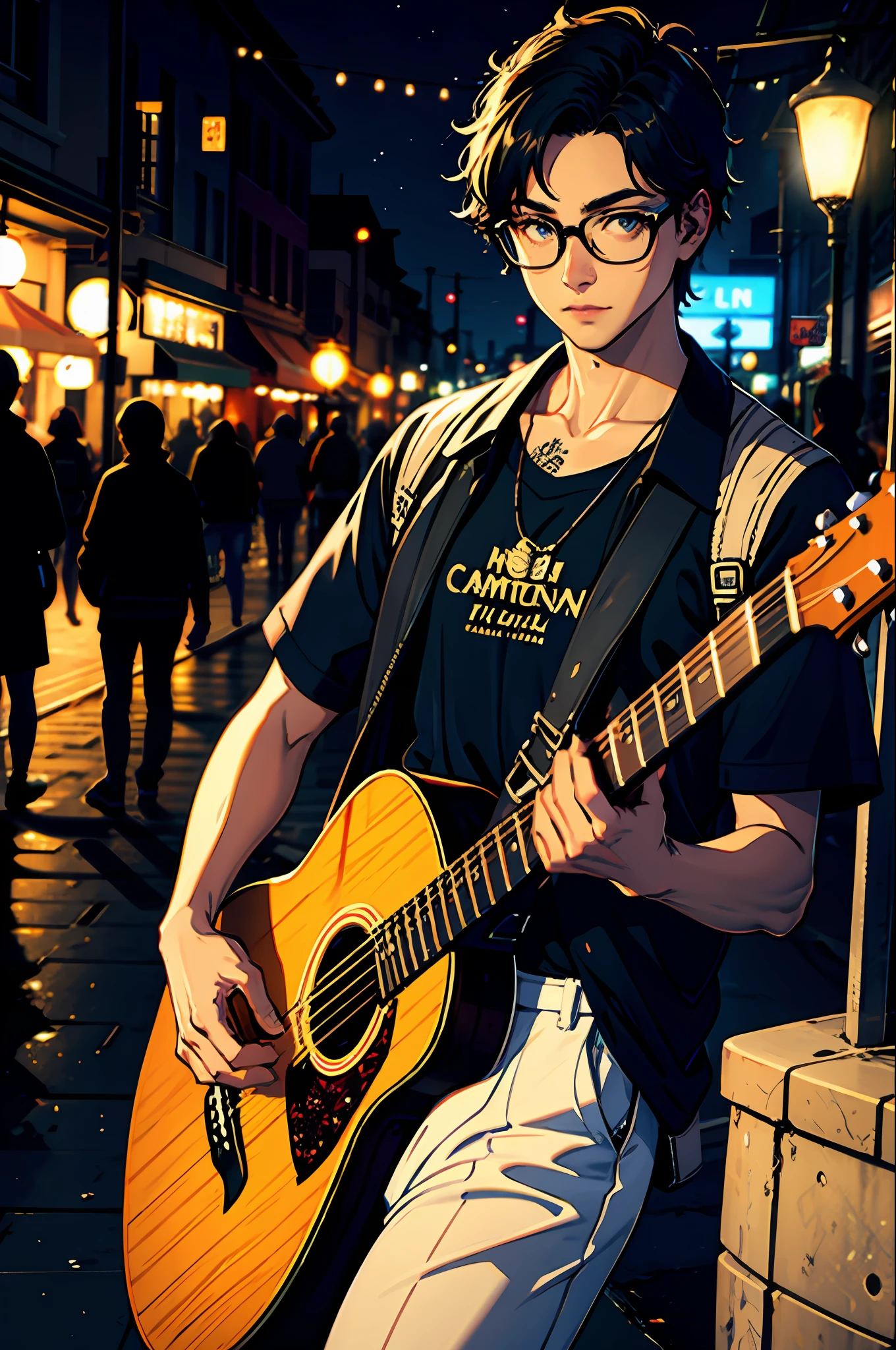 menino preto, pele preta ,sem camisa, Tatuado, With eye Glasses, acoustic guitar, luminosidade, Noite, town square, Beautiful image, High detail, best quality, RGB, roqueiro, cidade, menino preto, atraente,