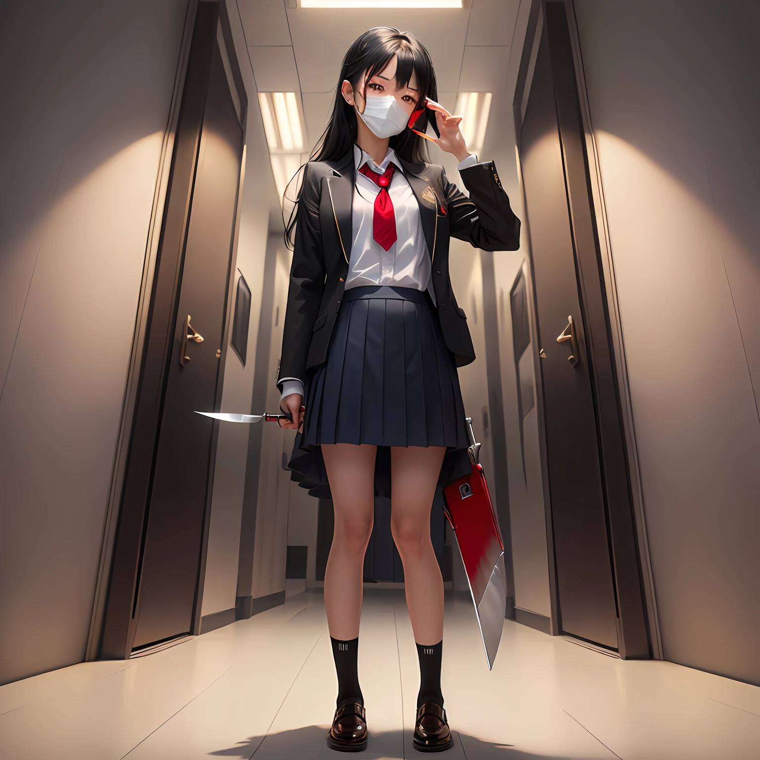 Body:1.4, black hair, red eyes, medium chest, school uniform, full body, looking at viewer, holding knife, bandages on face