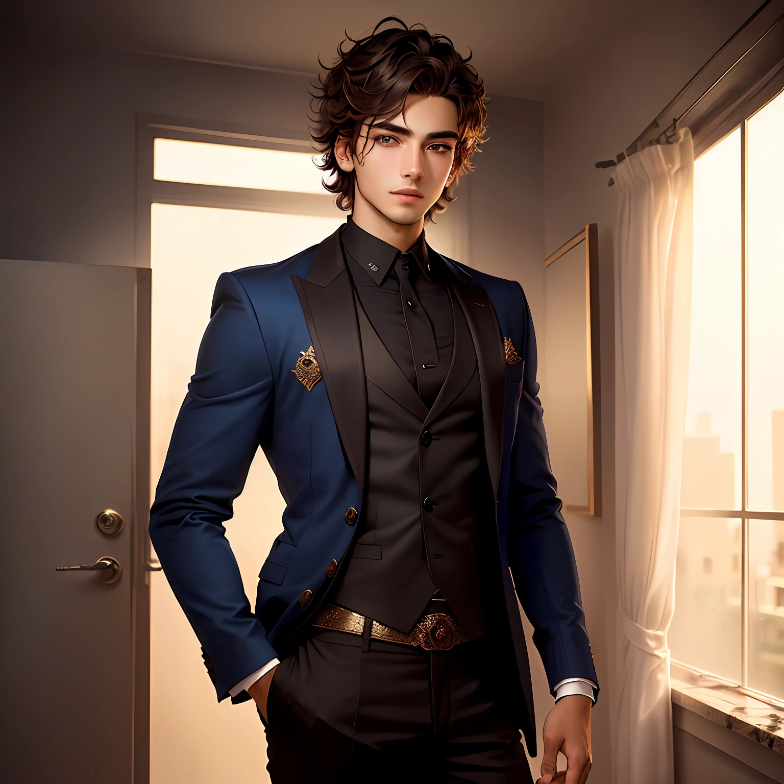 Miguel is a tall and charming young man, with piercing eyes and dark, messy hair.