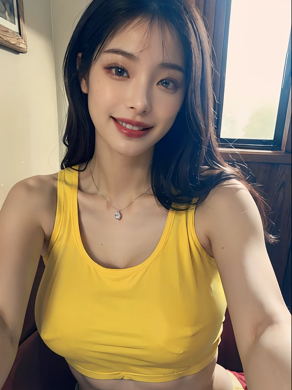 (A hyper-realistic), (illustratio), (hight resolution), (8K), (ighly detailed), (The best illustrations), (beatiful detailed eyes), (top-quality), (ultra-detailliert), (​masterpiece), (wall-paper), (详细的脸), a bed、Upper body close-up,Armpit, A smile,Plump,独奏,Girl in white tank top with open chest, japanes, large full breasts, (camel's toe)、huge-breasted、Detailed, well-groomed white teeth、Ultimate Beauty、shot on the Canon EOS R 6、full of sweat、(beautiful detailed teeth)、Silver necklace、Park with sunshine、Perfect and beautiful female hands、Perfect tooth alignment、Perfect fingers、Navel dashi、Mansuji、Beautiful butt、mekosji、sexy panties、