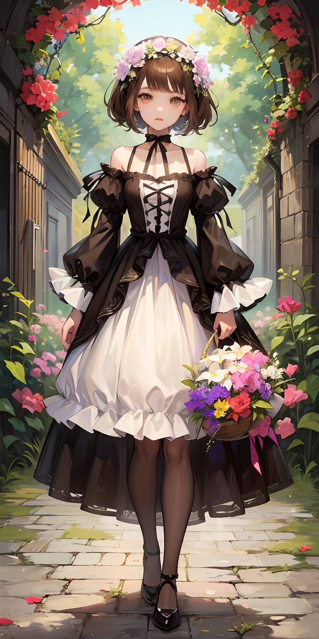 girl with short brown hair, brown eyes, whering a dress made with real flowers. full body image, anime style. --auto --s2