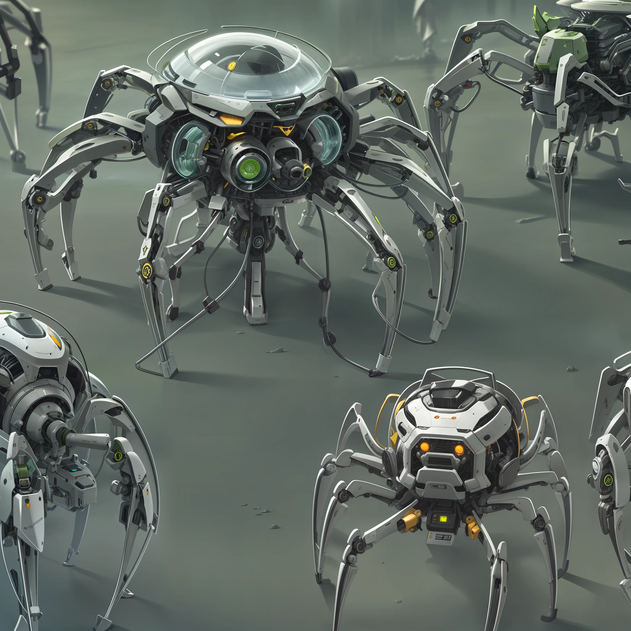 Robot Spider Mechanics , engrenagens, extremamente detalhado, Ultra Detalhado, modern and technologically advanced. cores vibrantes, Green Grey a Futuristic Time Machine.