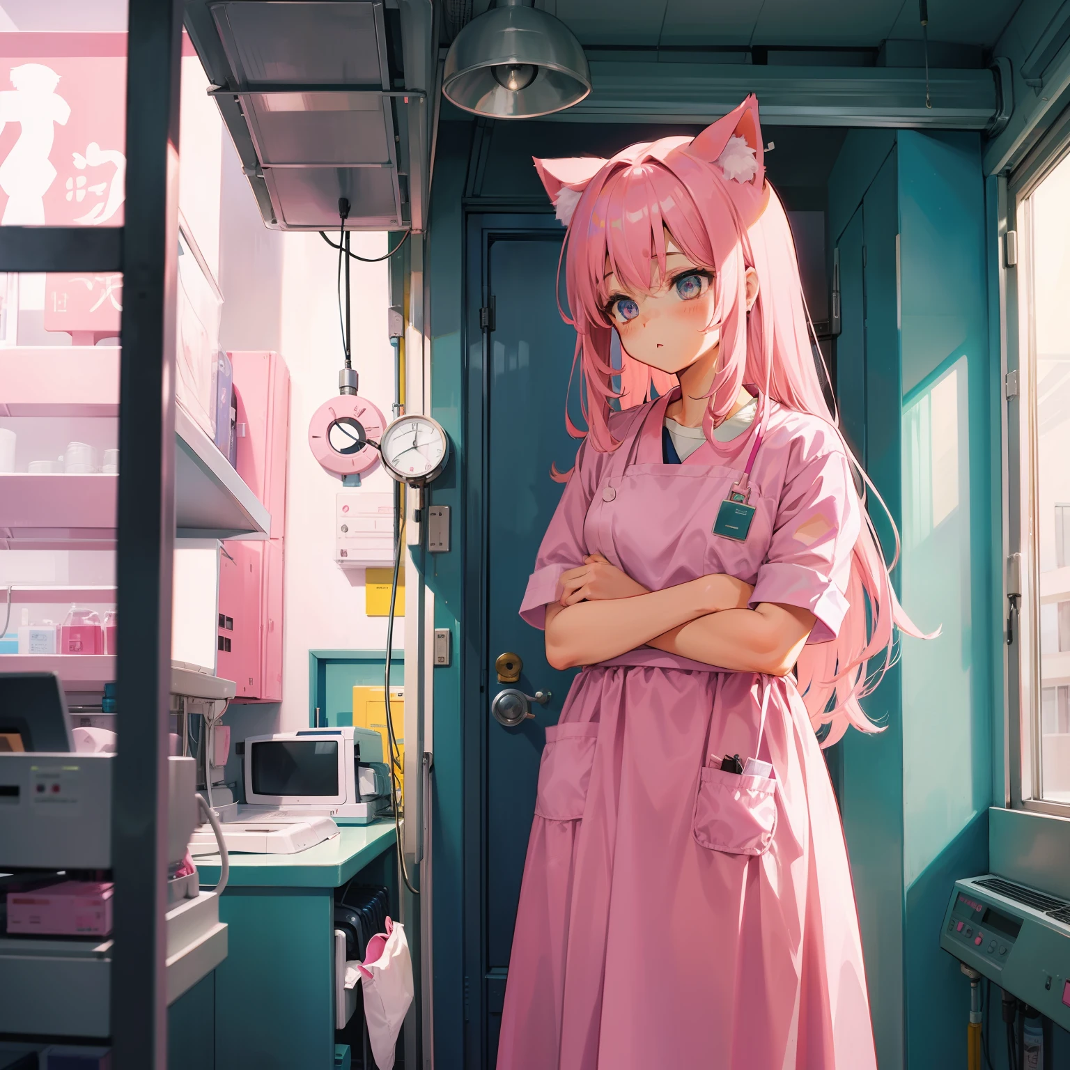 A pink-haired、cat ear、Retro nurse clothing、Retro Hospital