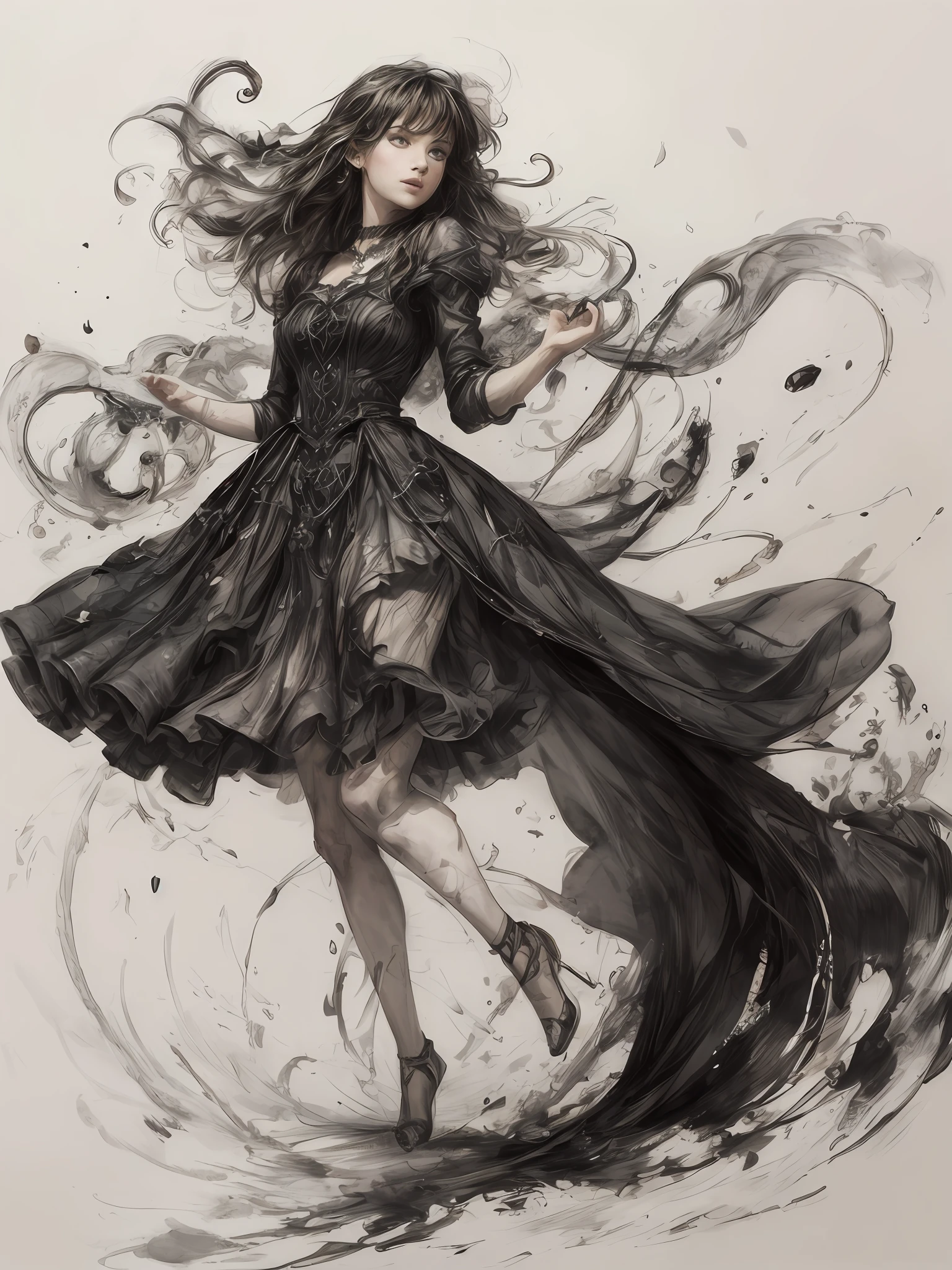 1 inspired woman, dress, dancing, fantasy, abstract (ink sketch, full body shot by Brad Kunkle) wind, energy flow high contrast negative space , full body shot, like in a dream, traditional accessories , traditional jewellery, (best quality, masterpiece), hyperdetailed,8k (dollienobodysd15:0.5) zydink,, ink sketch, (abstract ink splash) dynamic angle, dark background, by james jean