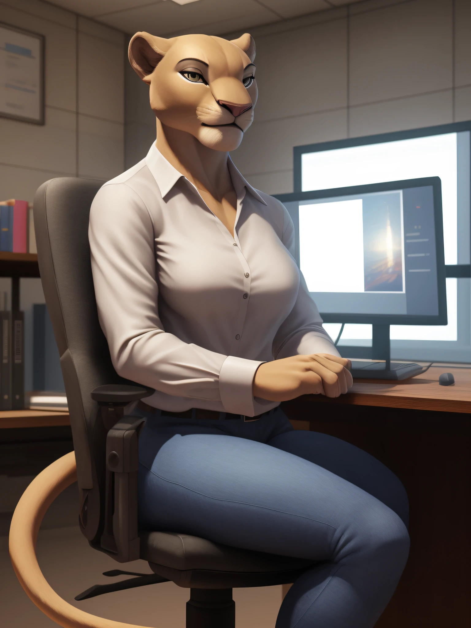 Nala sitting in the chair in an office using the computer and looking at the vision camera, she is wearing a formal outfit, white shirt and jeans, her expression is serious, lioness tail, detailed body, body with perfect anatomy, 3D render, photorealism, unreal engine 5, cycles render, detail on texture, HDR