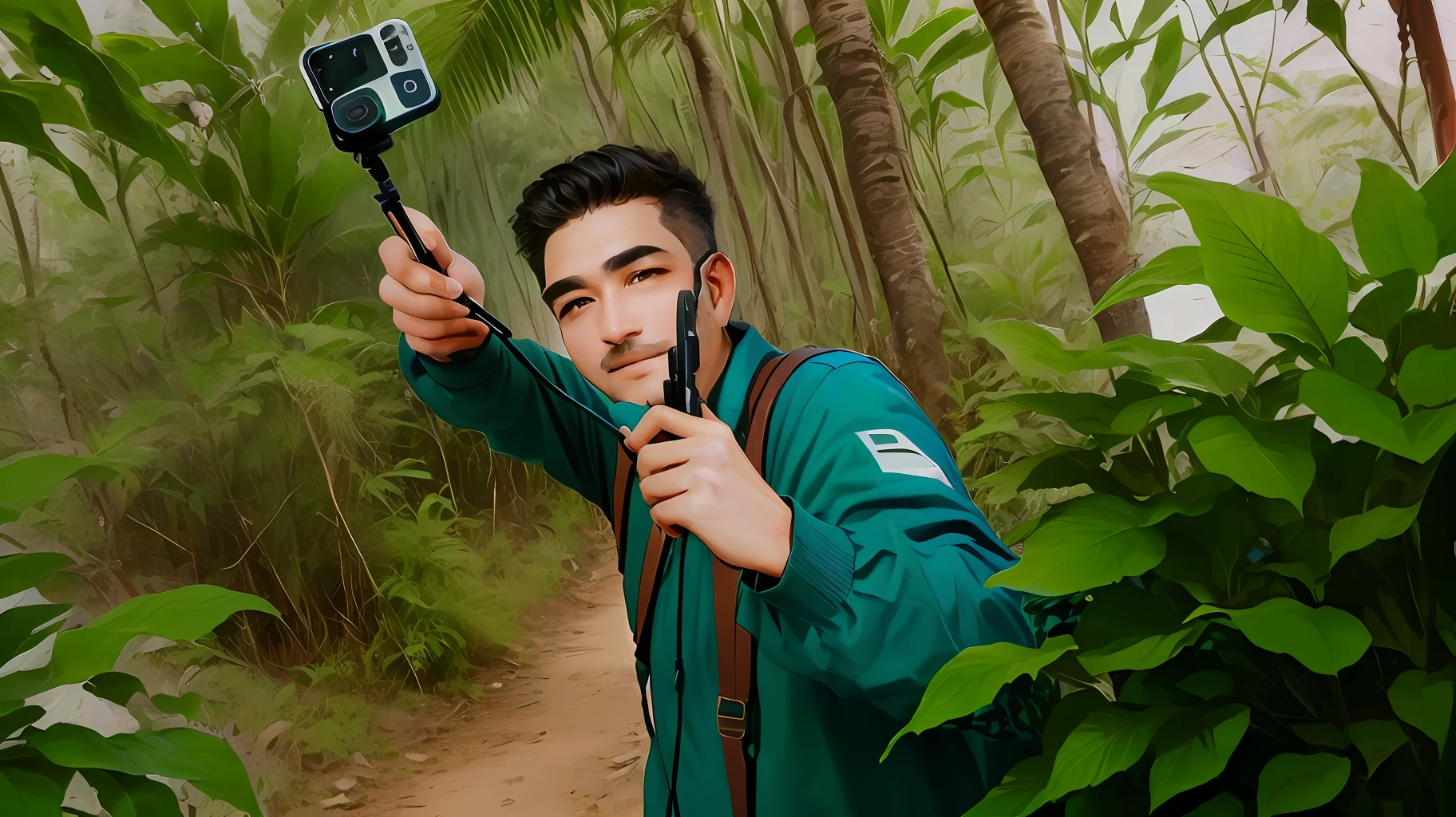 there the man taking selfie by selfie stick in in jungle location