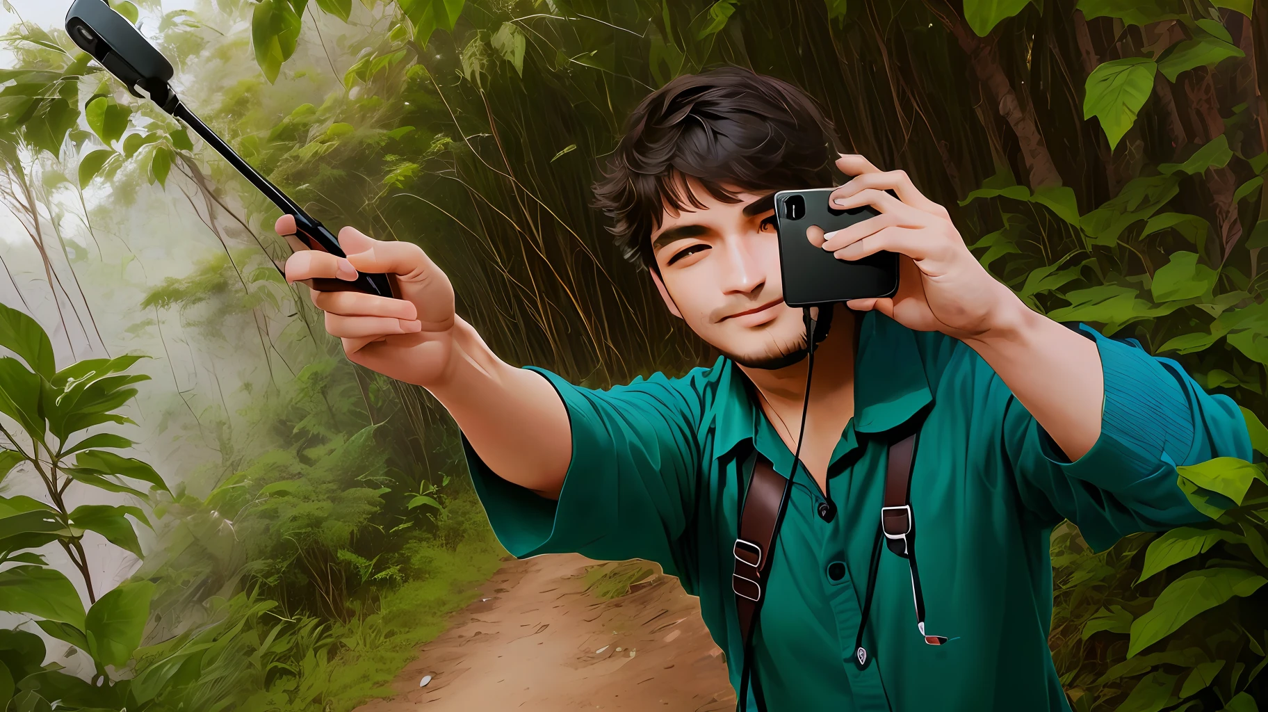 there the man taking selfie by selfie stick in in jungle location