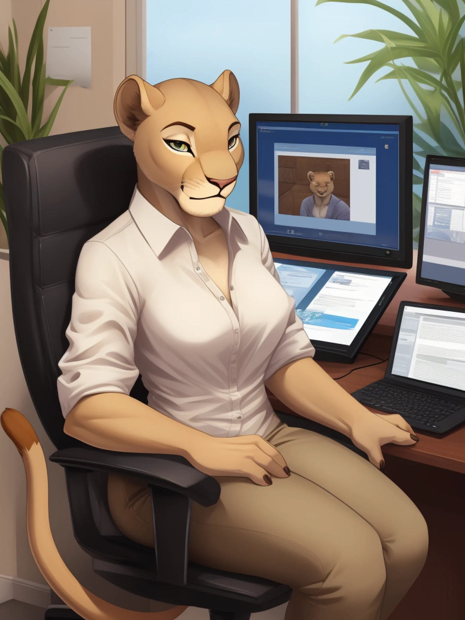 Nala sitting in the chair in an office using the computer and looking at the vision camera, she is wearing a formal outfit, white shirt and jeans, her expression is serious, lioness tail, detailed body, body with perfect anatomy