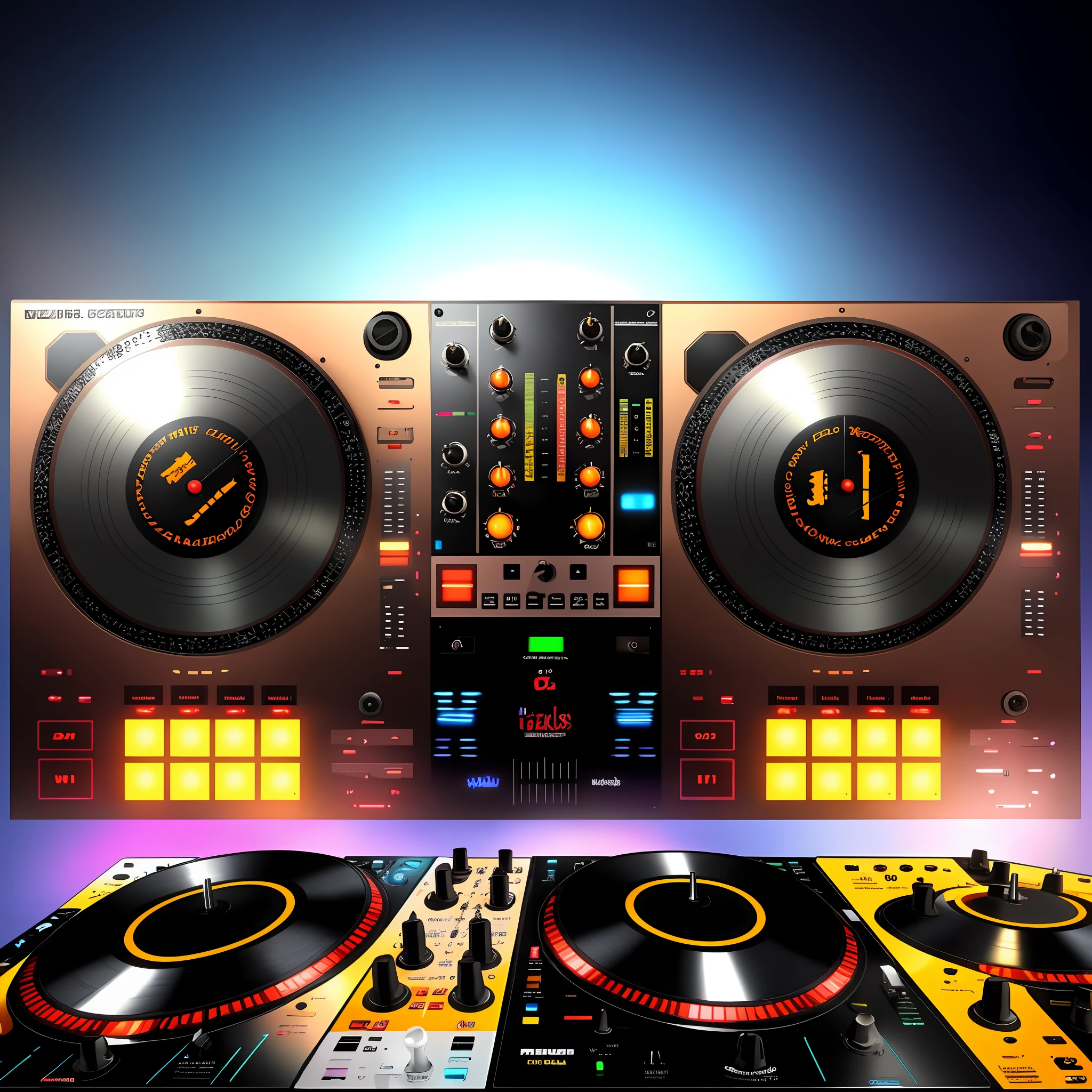 Um close up de um controlador de DJ com dois toca-discos, Mixer DJ, DJ, DJING com toca-discos DJ, turntables, Conjunto de DJ, turntablist, Turntablism DJ arranhando, audio equipments, Deck do controlador, Festa DJ Rave, tocando techno house music, Arte Digital - W 700, 🎨🖌️