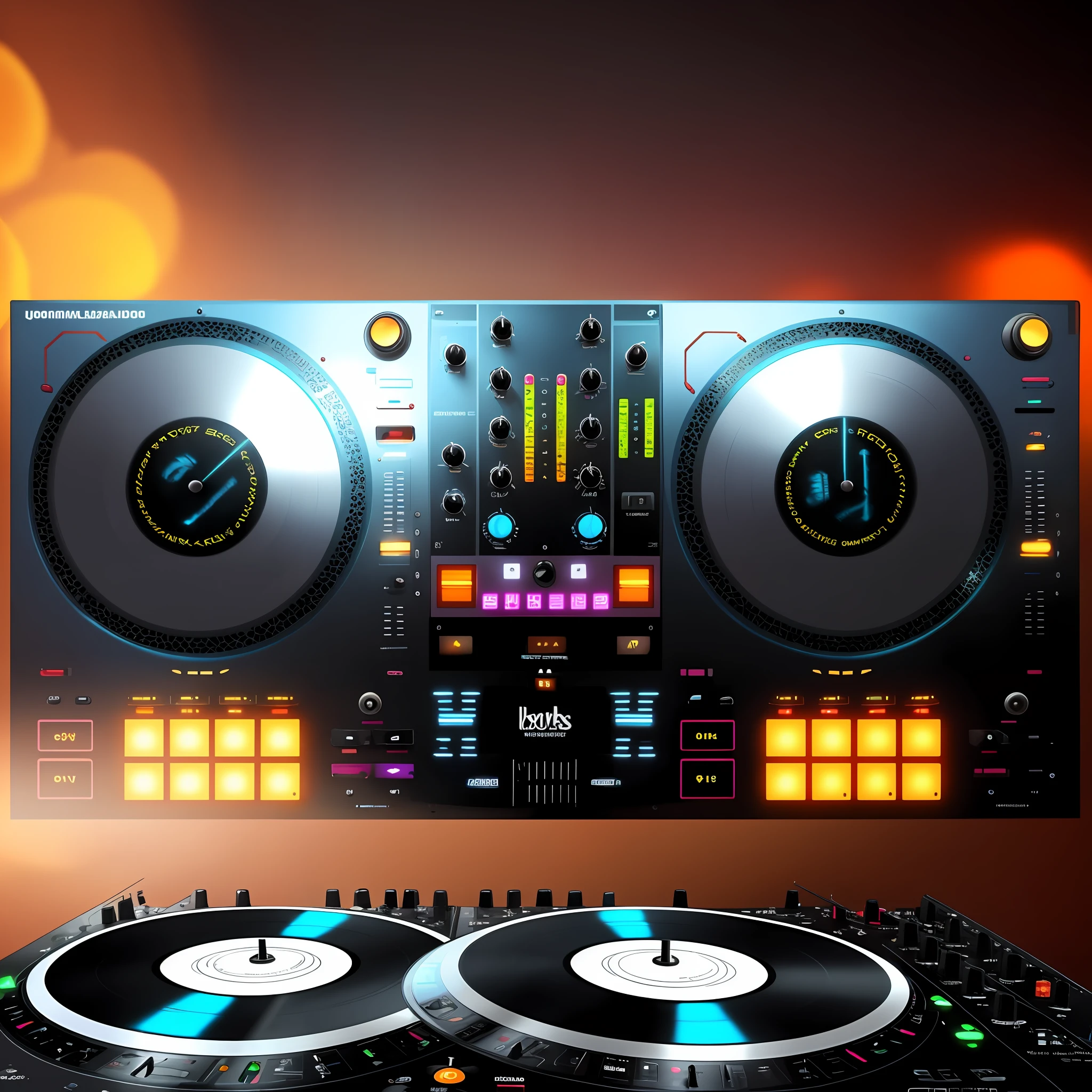 Um close up de um controlador de DJ com dois toca-discos, Mixer DJ, DJ, DJING com toca-discos DJ, turntables, Conjunto de DJ, turntablist, Turntablism DJ arranhando, audio equipments, Deck do controlador, Festa DJ Rave, tocando techno house music, Arte Digital - W 700, 🎨🖌️