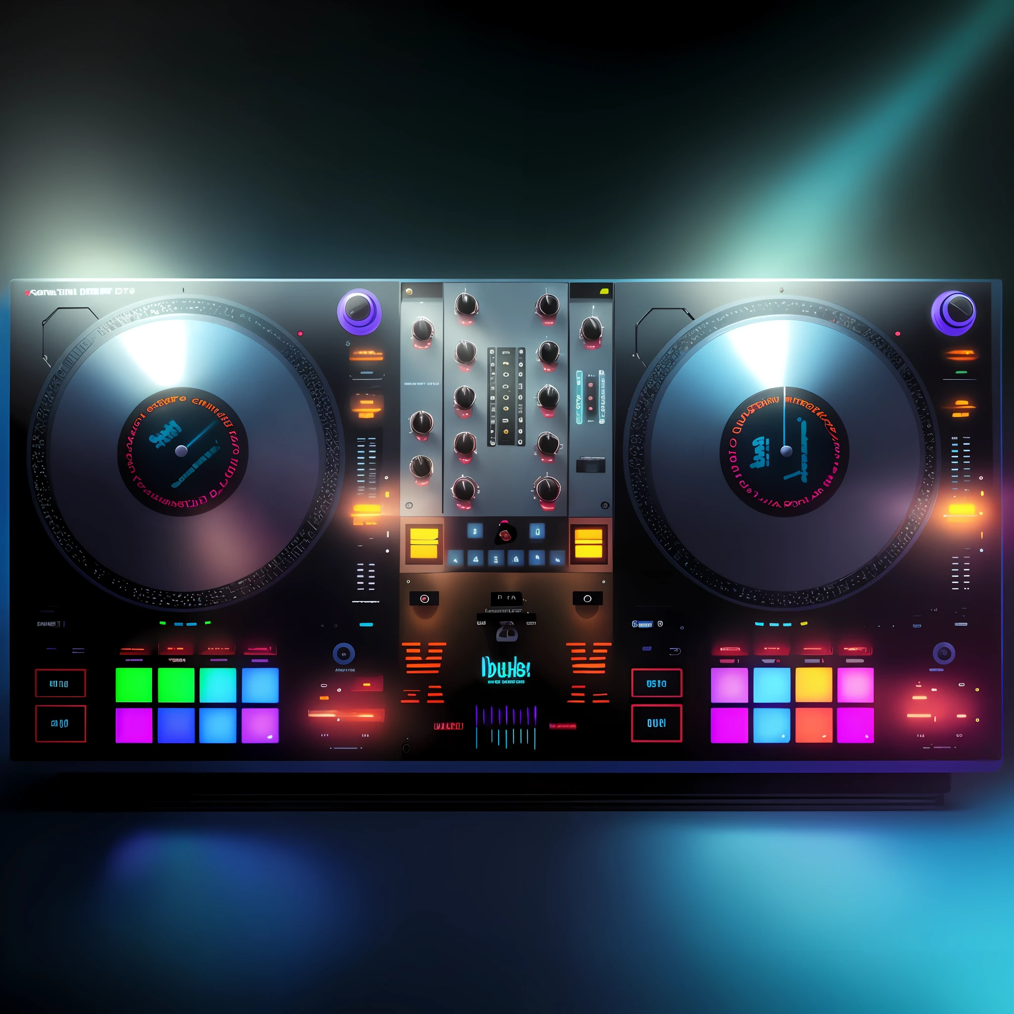 Um close up de um controlador de DJ com dois toca-discos, Mixer DJ, DJ, DJING com toca-discos DJ, turntables, Conjunto de DJ, turntablist, Turntablism DJ arranhando, audio equipments, Deck do controlador, Festa DJ Rave, tocando techno house music, Arte Digital - W 700, 🎨🖌️