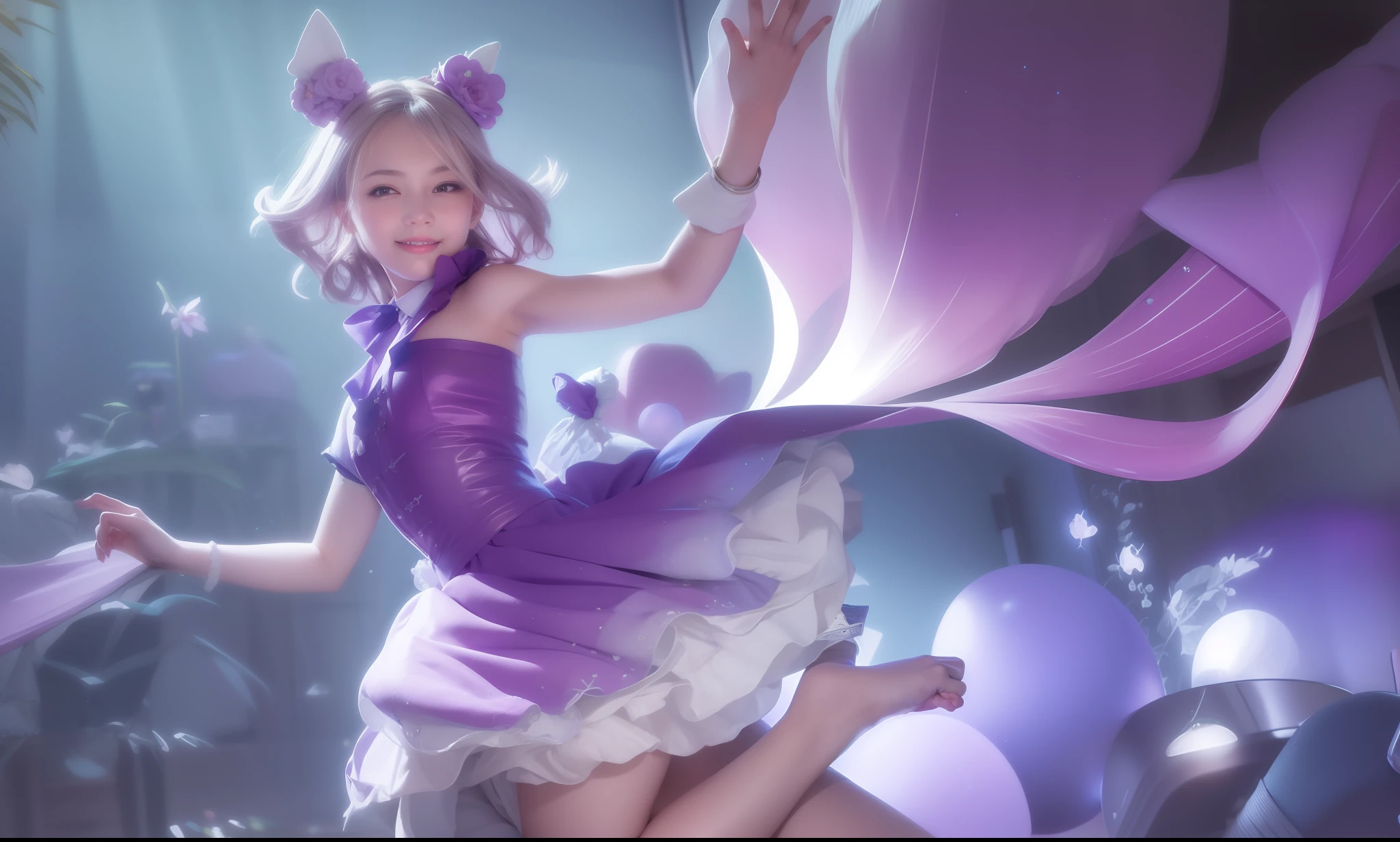 Top Quality, Masterpiece, (Reality:1.2), 1 person, details, realistic, schoolgirl, smiling, looking at the audience, sitting on the sofa for three in the living room, legs raised, showing white panties from the skirt,