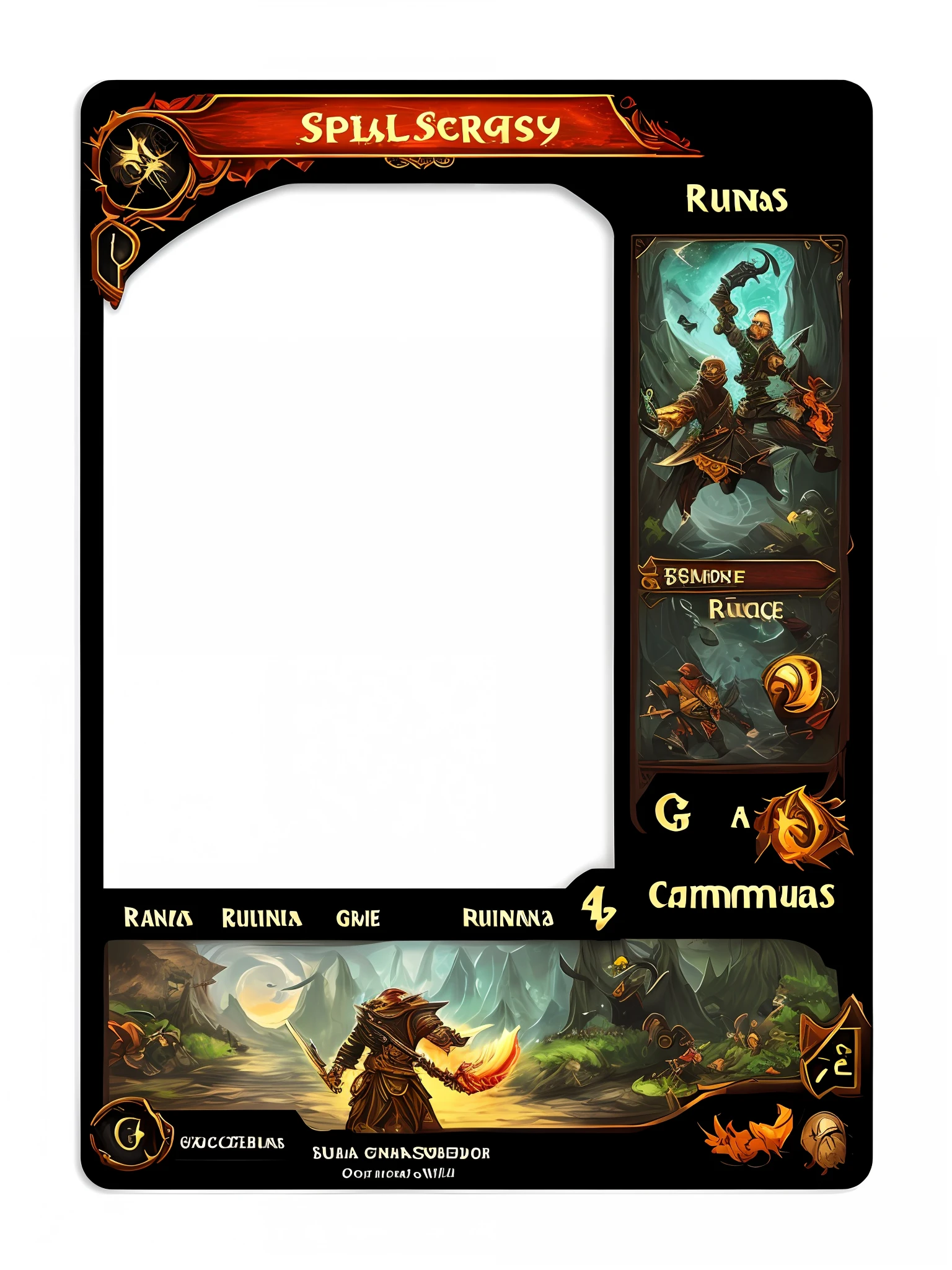 a closeup of a game screen with various items, Placa UI, interface do jogo, Interface do jogo, game overlay, Runas escuras, Runas inscritas, captura de tela detalhada, front game card, combat configuration, grimoire page, eye - level view, imagem de habilidade, fantasy game spell, full card design, Jogabilidade, Runas, fantasy game spell symbol