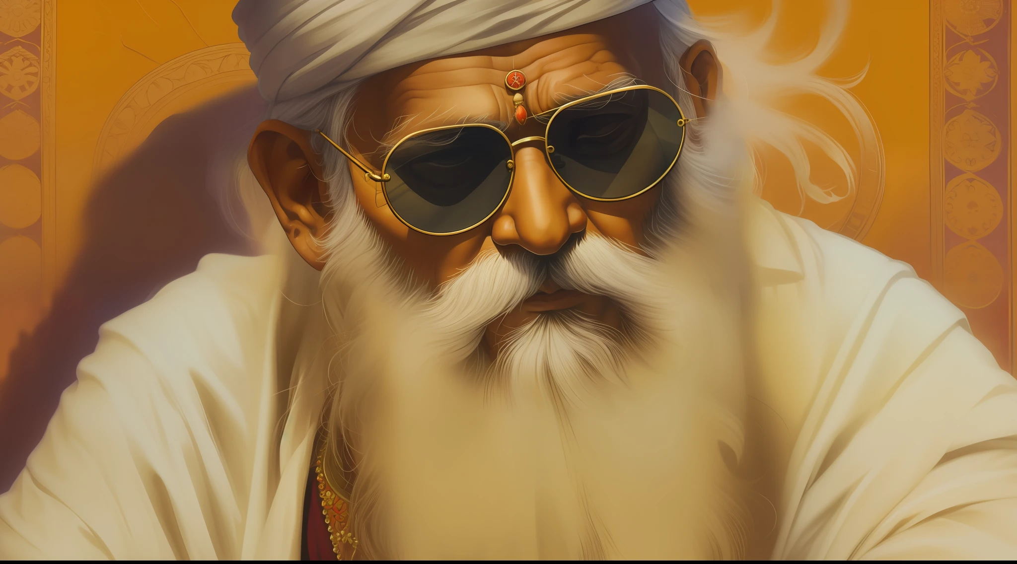 A closeup of a man with a long beard and sunglasses, wise old indian guru, holy man looking down at the ground, Samadhi, Completo - Ver, Afonso Azpiri, Johnatan Wayshak, Vastayan, imagem retrato, version 3, inspirado em Bapu, inspirado em Odhise Paskali, por Bapu, Vereshchagin