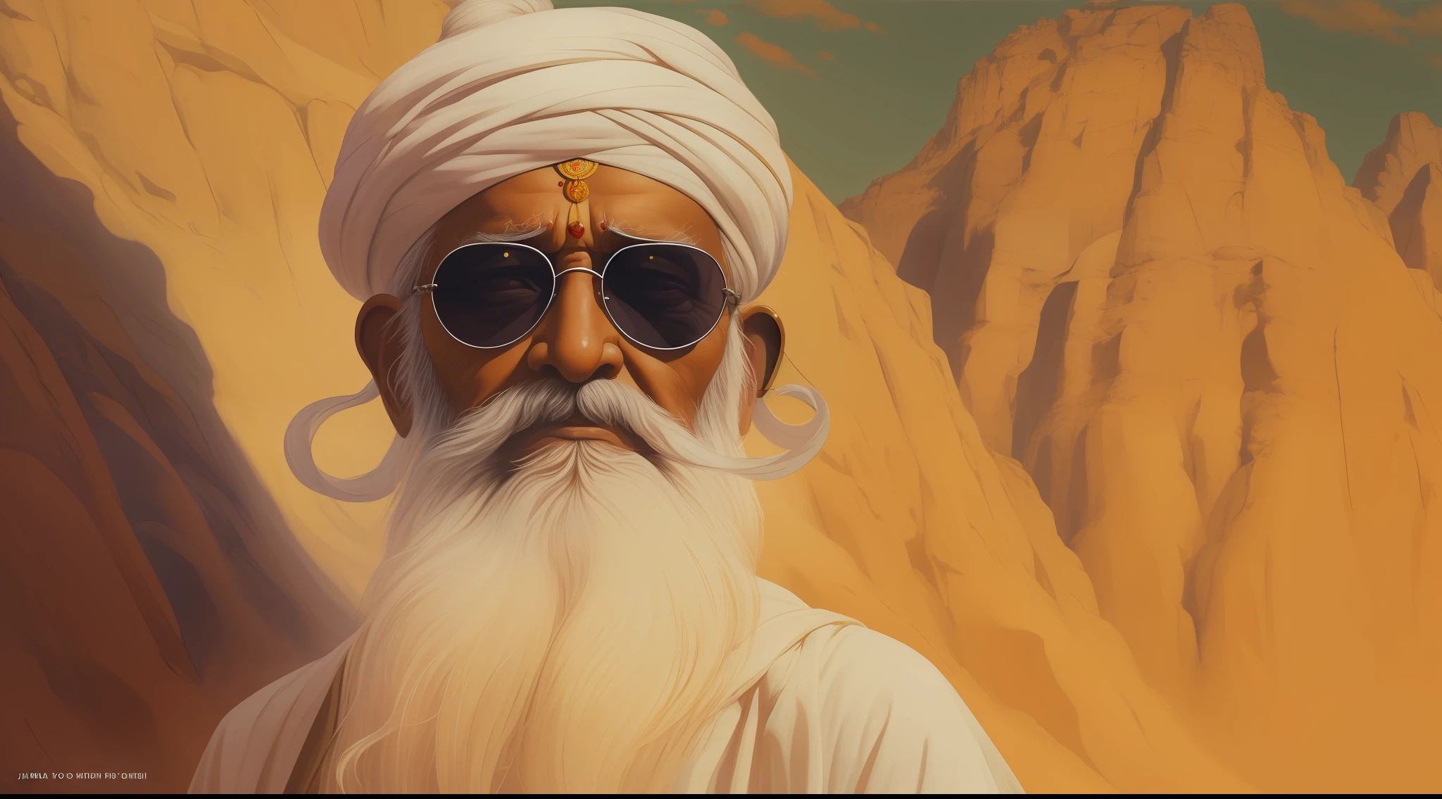 A closeup of a man with a long beard and sunglasses, wise old indian guru, holy man looking down at the ground, Samadhi, Completo - Ver, Afonso Azpiri, Johnatan Wayshak, Vastayan, imagem retrato, version 3, inspirado em Bapu, inspirado em Odhise Paskali, por Bapu, Vereshchagin