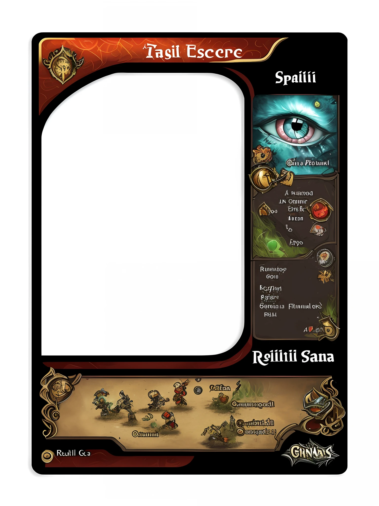 a closeup of a game screen with various items, Placa UI, interface do jogo, Interface do jogo, game overlay, Runas escuras, Runas inscritas, captura de tela detalhada, front game card, combat configuration, grimoire page, eye - level view, imagem de habilidade, fantasy game spell, full card design, Jogabilidade, Runas, fantasy game spell symbol