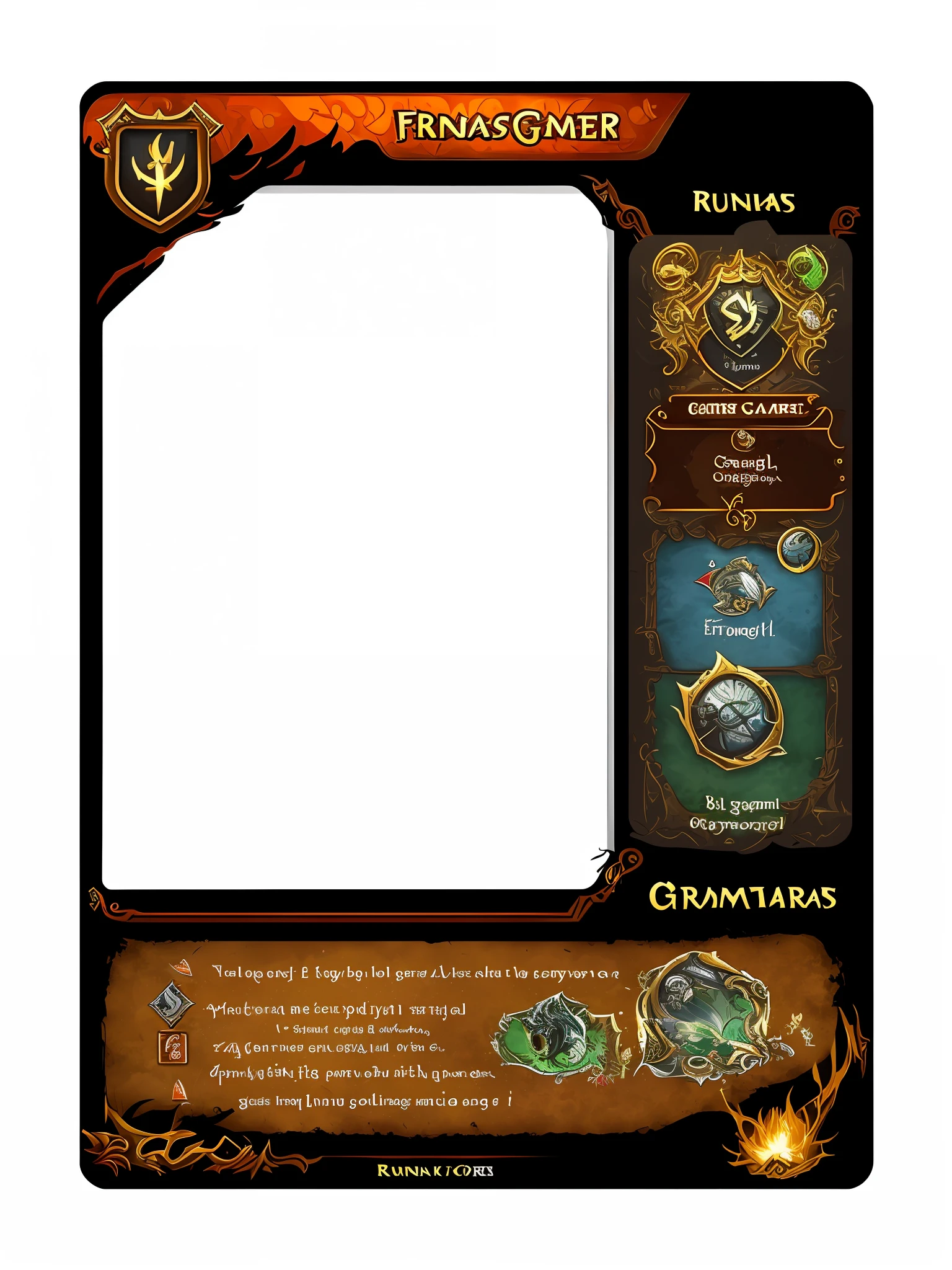 a closeup of a game screen with various items, Placa UI, interface do jogo, Interface do jogo, game overlay, Runas escuras, Runas inscritas, captura de tela detalhada, front game card, combat configuration, grimoire page, eye - level view, imagem de habilidade, fantasy game spell, full card design, Jogabilidade, Runas, fantasy game spell symbol