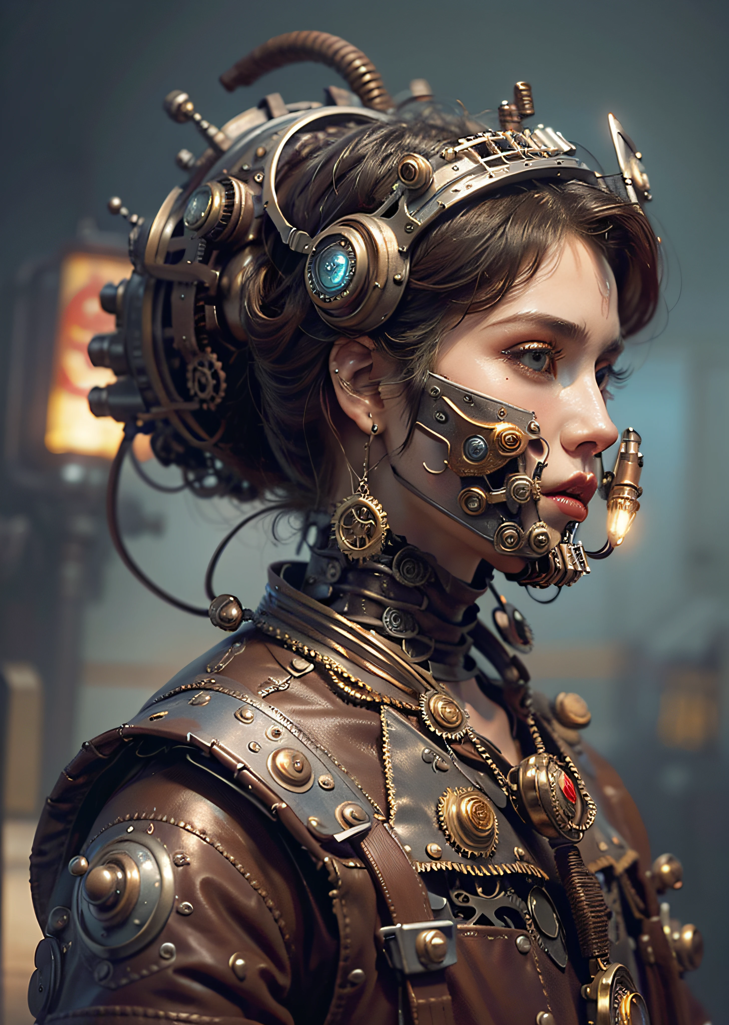 Homem americano de 40 anos bonito, Traces of the face well scrunched and well marked, super fechar, jaqueta de couro steampunk, arete realista, arte conceitual steampunk, arte steampunk digital, arte steampunk de alta qualidade, Wojtek FUS, arte digital steampunk, detailed steampunk illustration, Portrait of a mechanical man, arte steampunk, Estilo de arte Dieselpunk, cyberpunk Steampunk, estilo de fantasia steampunk, Arte digital altamente detalhada em 4k, sci-fi steampunk