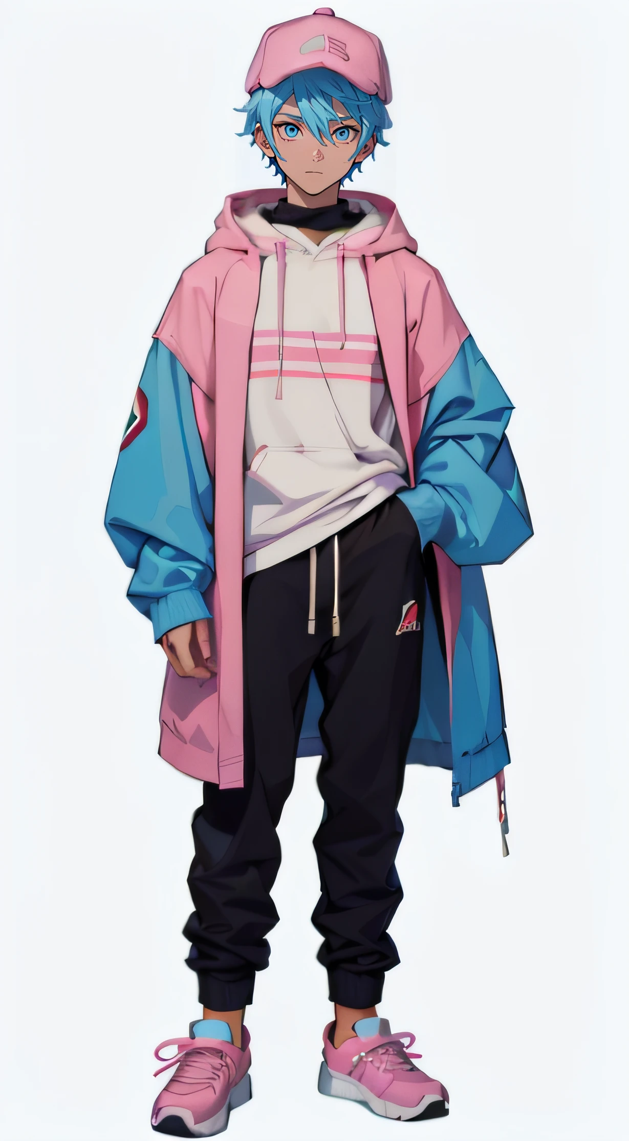 Anime youth in pink hat,animesque、pink headwear、pink headwear、single body、Niō Standing、Pentatosomy、ember、 1 persons、Equal to the size of the body、Blue hair、short-haired、simple background、White background、blue eyess、parka、a cool、mano、I'm fixing my hat、full body Esbian、ember、shoun、twinks、 Male child,blue clothing、Blue Hoodie、Black pants、shoe、tall、espadrilles、((Ultra-detailed)),(masutepiece), Best Quality,(Illustration),((((full-length figure)))), ((Transparent background)),(Solo),Standing,(Wearing sneakers on your feet), ((is wearing modern personal clothing)),[[[Jacket]]],[casual],(Shibuya),[Pop],(Pants),good young man, Beautiful detailed eyes, (goodlooking),((extremely delicate and beautiful)),make the eyes the same shape and color on both sides,