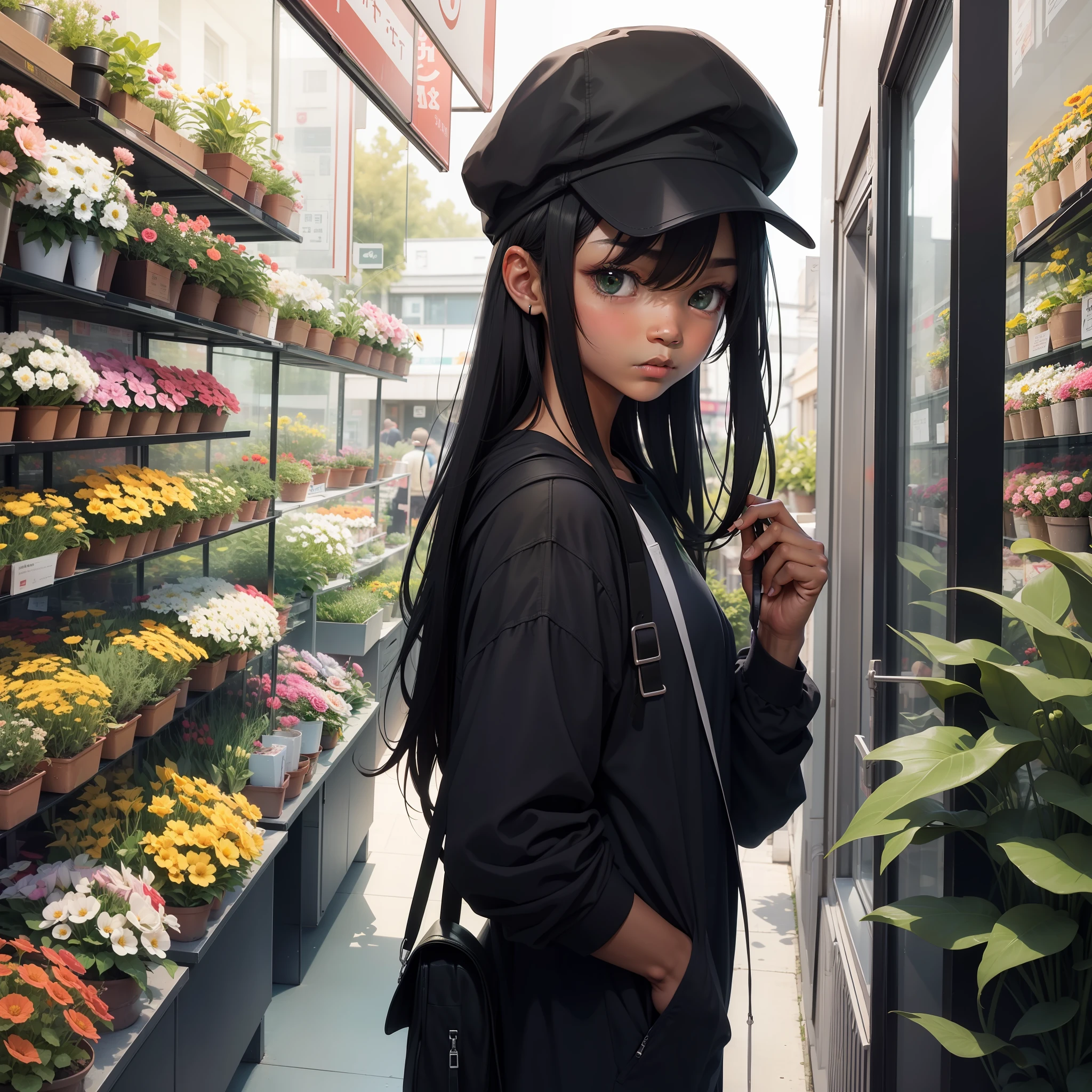 1 black-skinned boy, facing a flower shop, waiting for the bus, wearing a green cap, long black hair