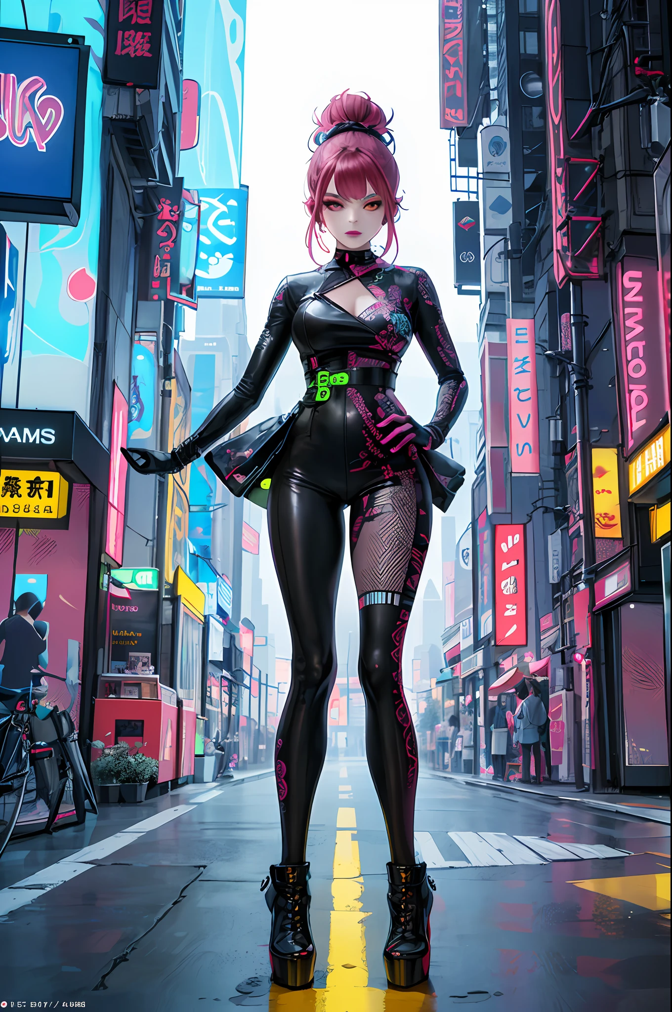 masterpiece, best quality, full body, 1girl, looking at viewer, Confident girl with sassy expression, Harajuku-inspired pop outfit, bold colors and patterns, eye-catching accessories, trendy and innovative hairstyle, vibrant makeup, futuristic and dazzling cyberpunk cityscape, skyscrapers, neon signs, LED lights, bright and vivid color scheme, anime, illustration, detailed skin texture, detailed cloth texture, beautiful detailed face, intricate details, ultra detailed.