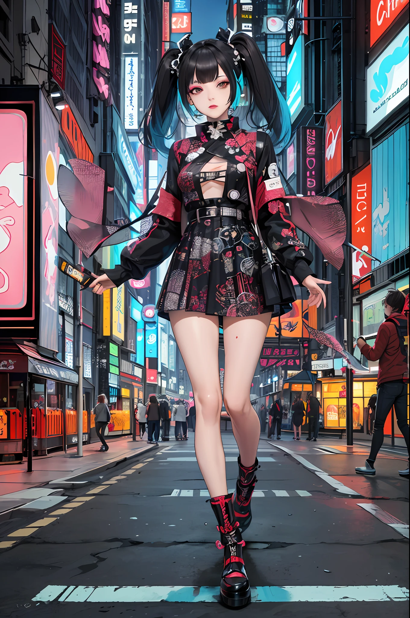 masterpiece, best quality, full body, 1girl, looking at viewer, Confident girl with sassy expression, Harajuku-inspired pop outfit, bold colors and patterns, eye-catching accessories, trendy and innovative hairstyle, vibrant makeup, futuristic and dazzling cyberpunk cityscape, skyscrapers, neon signs, LED lights, bright and vivid color scheme, anime, illustration, detailed skin texture, detailed cloth texture, beautiful detailed face, intricate details, ultra detailed.