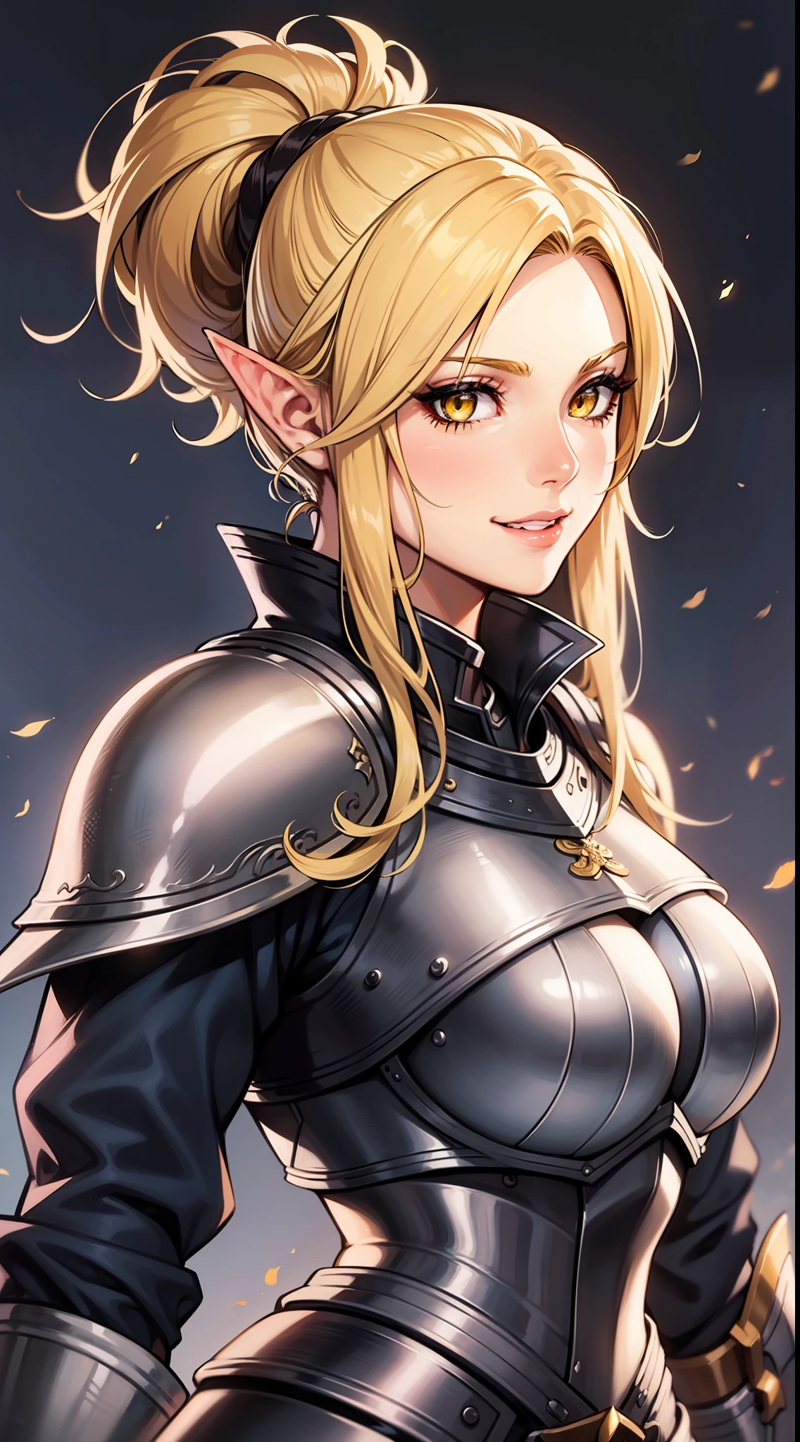 elven knight, messy bun, black eyeliner, mascara, natural lips, looking at viewer, grin, mouth closed, blonde hair, yellow eyes, sexy anime face, highly detailed, perfect face, shiny skin, shiny hair, wearing plate armor,fantasy armor, sword in left hand, full body