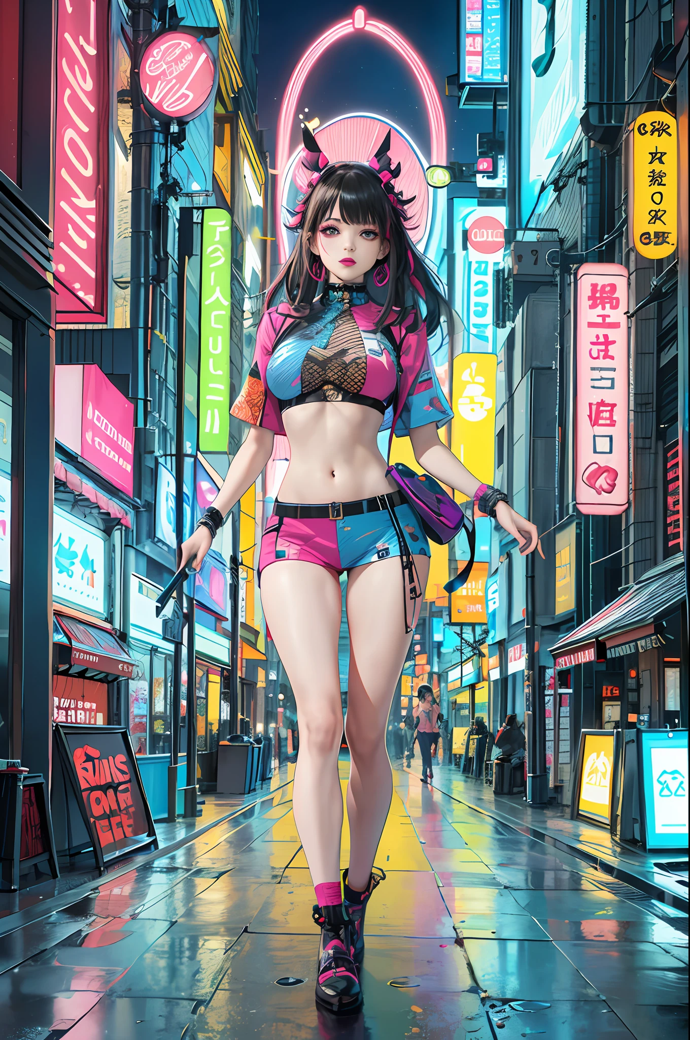 masterpiece, best quality, full body, 1girl, looking at viewer, Confident girl with sassy expression, Harajuku-inspired pop outfit, bold colors and patterns, eye-catching accessories, trendy and innovative hairstyle, vibrant makeup, futuristic and dazzling cyberpunk cityscape, skyscrapers, neon signs, LED lights, bright and vivid color scheme, anime, illustration, detailed skin texture, detailed cloth texture, beautiful detailed face, intricate details, ultra detailed.