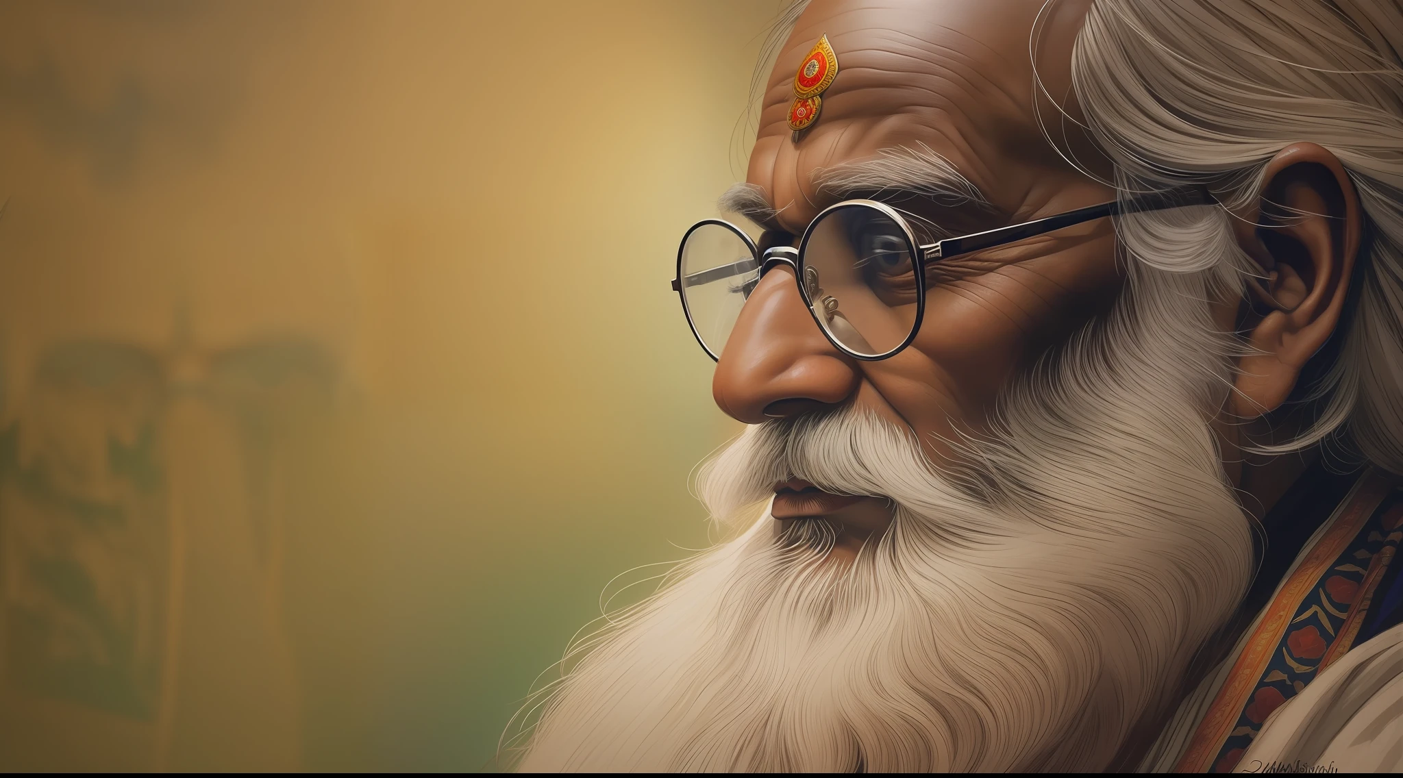 A closeup of a man with a long beard and glasses, wise old indian guru, holy man looking down at the ground, Samadhi, Completo - Ver, Afonso Azpiri, Johnatan Wayshak, Vastayan, imagem retrato, version 3, inspirado em Bapu, inspirado em Odhise Paskali, por Bapu, Vereshchagin, dark backdrop, realista