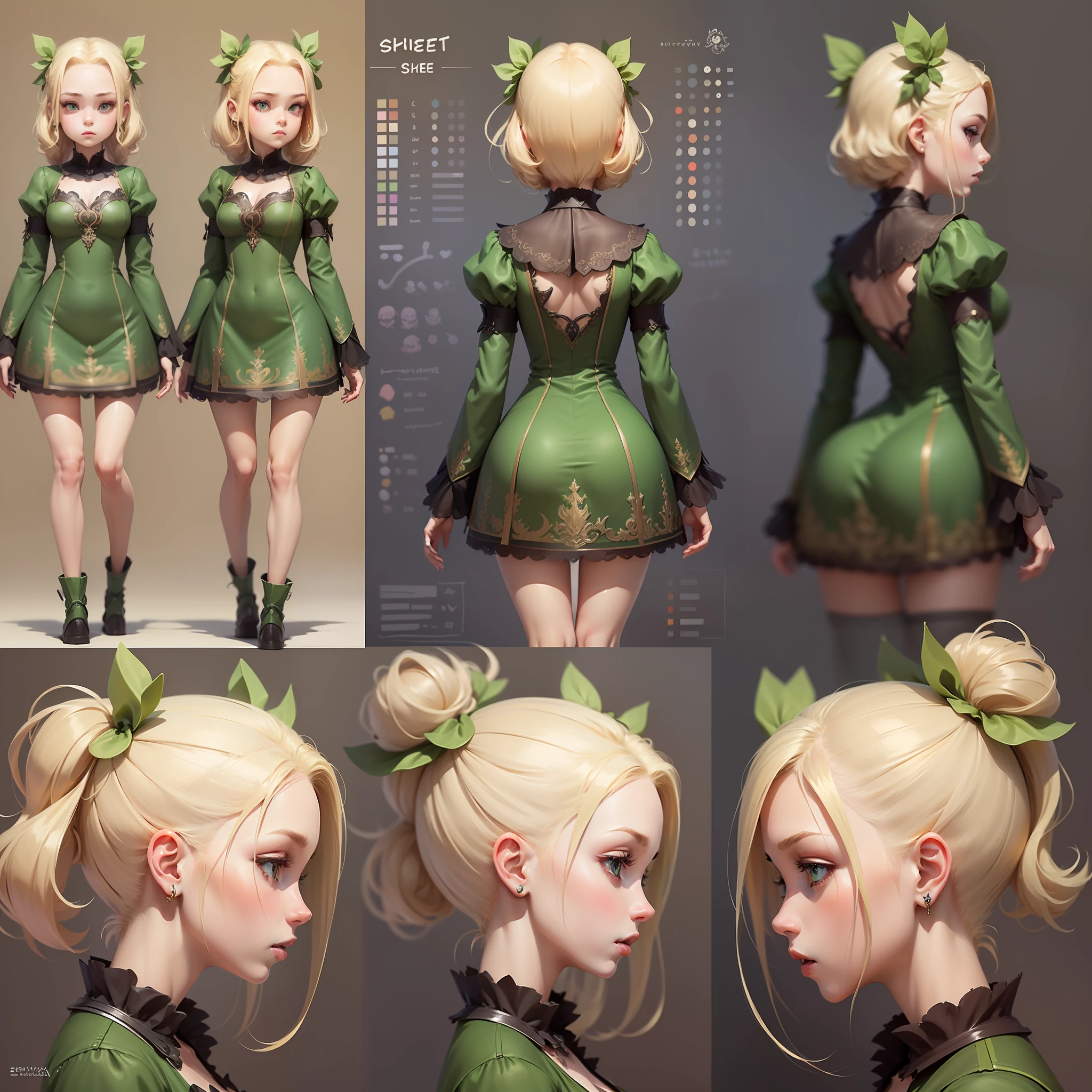 ((Character design sheet:1.2)), ((front view, side view, back view)), (crazy details), ((errorless character design)), {(a beautiful girl with blonde hair and a green dress:1.2)}