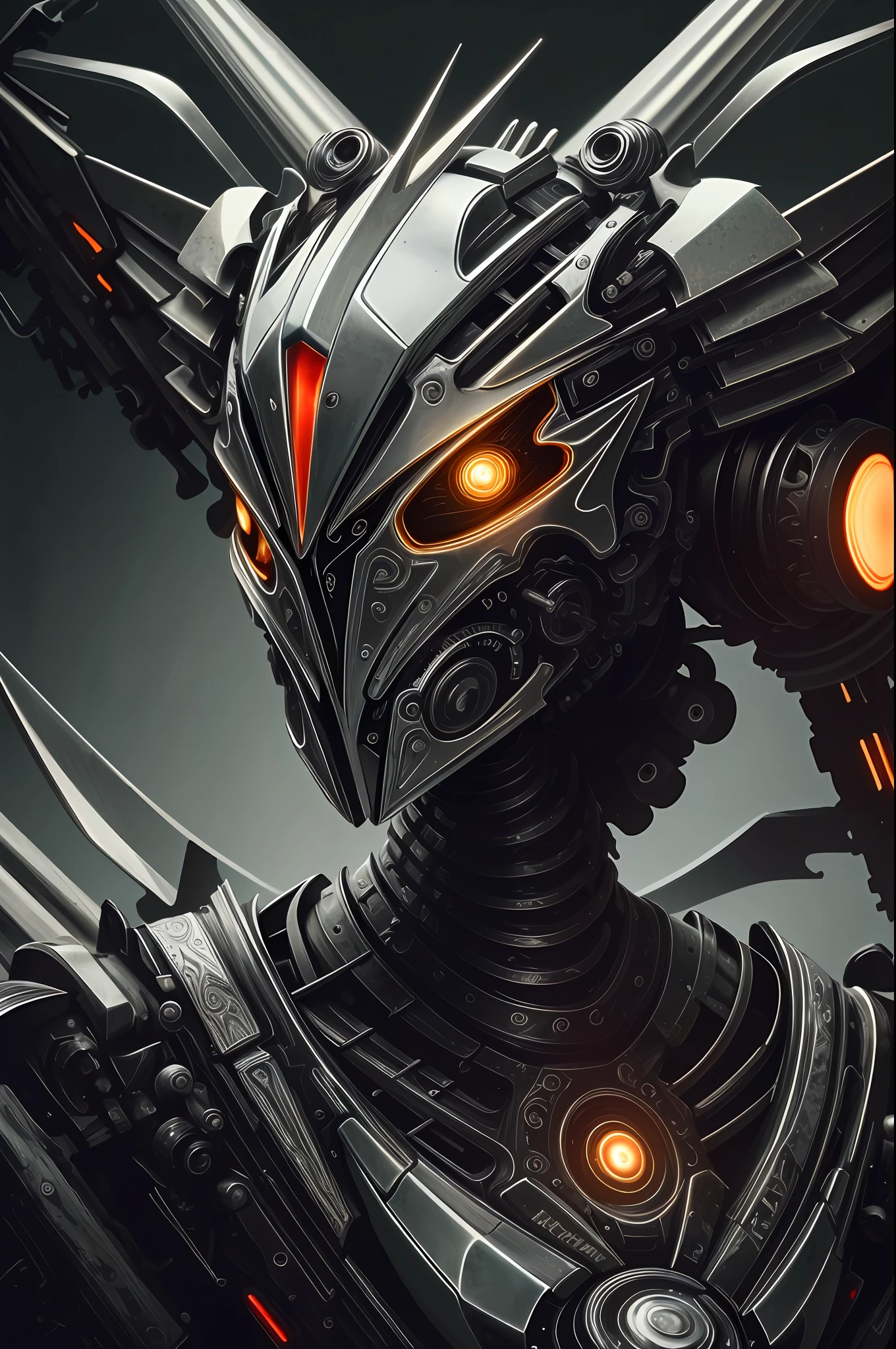 a close up symmetrical portrait of a cyberpunk gangster, biomechanical, mshn robot, splashes of orange red, hyper realistic, intricate design, (insanely detailed:1.4), (extremely fine details:1.35), Extremely sharp lines, steel, cinematic lighting, Photorealistic, a detailed painting by Ayami Kojima and Lilia Alvarado, (best quality, high quality, absurdres, intricate detail, masterpiece, cinematic), highly detailed, motion blur, film grain, noise, lens effects,