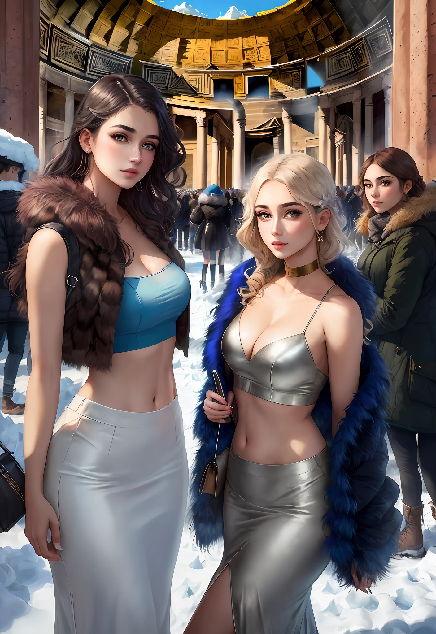 (Positive focus, Original photo), (2girls,duo,navel,Enter the Pantheon in Rome,crowd,winter,Snowy),Surrealistic Female Portraits by David Hockney and Alphonse Mucha, Fantasy art,Wear gorgeous furs, (Blue pupil: 1.4, shiny pupils: 1.4, Big eyes: 1.1), Photo fidelity, Dynamic lighting, Art Station, poster for, voluminetric lighting, Very detailed face, 4K, Award-winning, Shadows, understated, (official outfit: 1.4, Gorgeous fur, Complex clothing, Furs), Looking at the camera, Bust Up Shot, (Realistic face)),