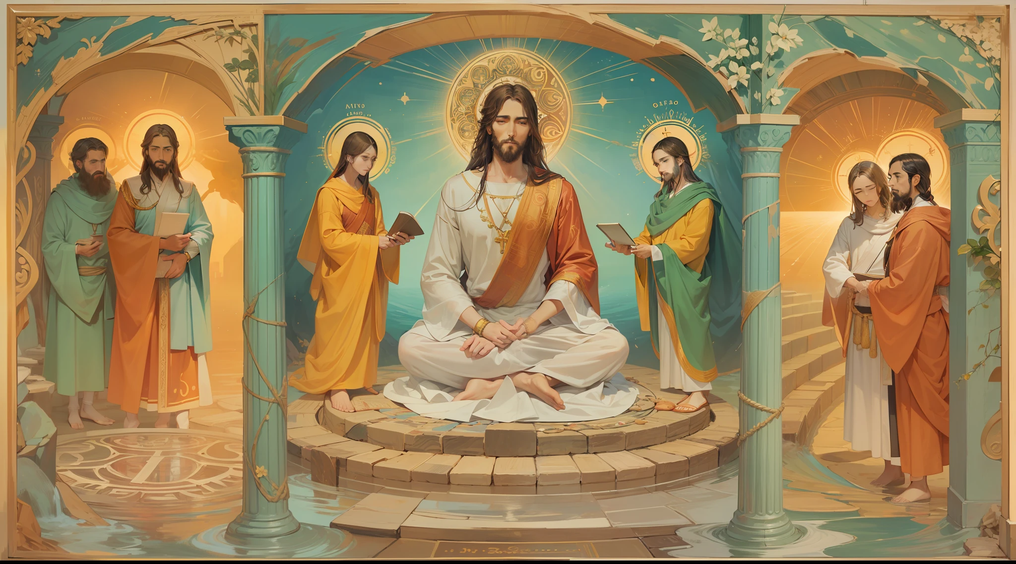 Jesus, the Philosopher of Wisdom"

description:
In this unique creation in SeaArt, we portray Jesus Christ as a philosopher of wisdom, Exploring the depths of human knowledge and understanding. With delicate strokes and evocative colors, This image captures the transcendental essence of his wisdom and compassion.

The scenario shows Jesus in the midst of a serene environment, surrounded by disciples and followers eager to absorb his transformative words. Seu olhar profundo reflete uma mente iluminada, mergulhada nas verdades universais do ser e do existir.

Por meio dessa arte inspiradora, Witness the fusion between spirituality and the search for truth, representing Jesus not only as a historical figure, but as an eternal symbol of wisdom and love. His calm posture and gentle gestures radiate a presence that transcends time, inviting us to reflect on the purpose of life and the mysteries of the universe.

Explore cada detalhe meticuloso desta imagem, where knowledge and compassion come together in harmony. Feel the connection to the brilliant mind of the Philosopher of Wisdom and let his words touch the core of your soul.

Ao contemplar essa obra, allow yourself to be inspired by the timeless lessons Jesus taught us, inviting us to seek inner truth and to understand the inestimable value of empathy and mutual understanding.

Get ready for a journey of reflection and self-discovery, in which the philosophy of Jesus echoes through the ages, illuminating the path to a more meaningful and enriching existence.