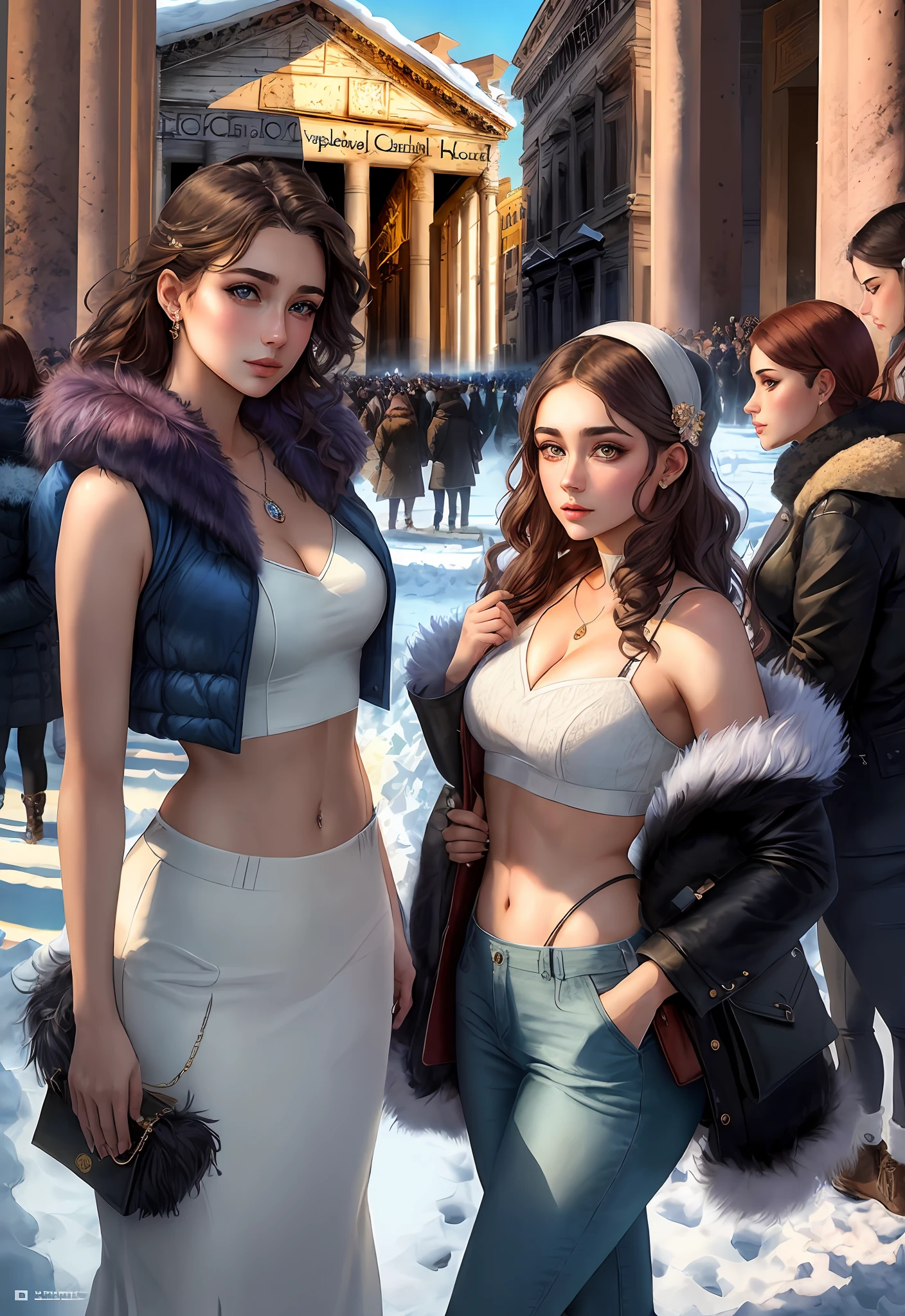 (Positive focus, Original photo), (2girls,duo,navel,Enter the Pantheon in Rome,crowd,winter,Snowy),Surrealistic Female Portraits by David Hockney and Alphonse Mucha, Fantasy art,Wear gorgeous furs, (Blue pupil: 1.4, shiny pupils: 1.4, Big eyes: 1.1), Photo fidelity, Dynamic lighting, Art Station, poster for, voluminetric lighting, Very detailed face, 4K, Award-winning, Shadows, understated, (official outfit: 1.4, Gorgeous fur, Complex clothing, Furs), Looking at the camera, Bust Up Shot, (Realistic face)),