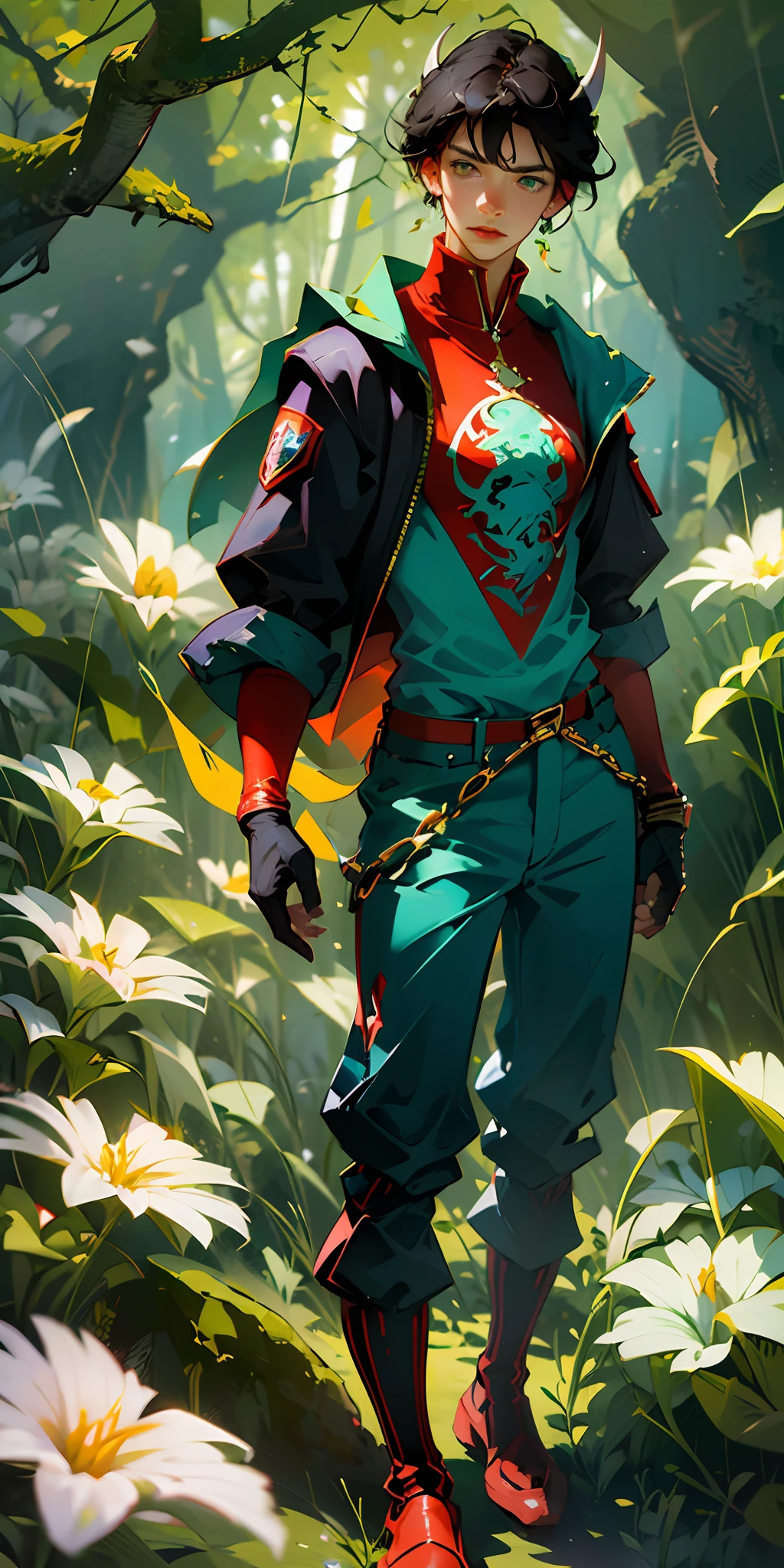 Anime, male character, boy, black hair, low fade, white horn in middle of hair, green eyes, white skin, dragon in human form, skinny body, wearing dark red t-shirt, dark blue trousers, red trainers, anime pose, magical forest environment, fairies, magic, flowers, blue lake, 4k, best quality, well detailed, wallpaper --auto --s2