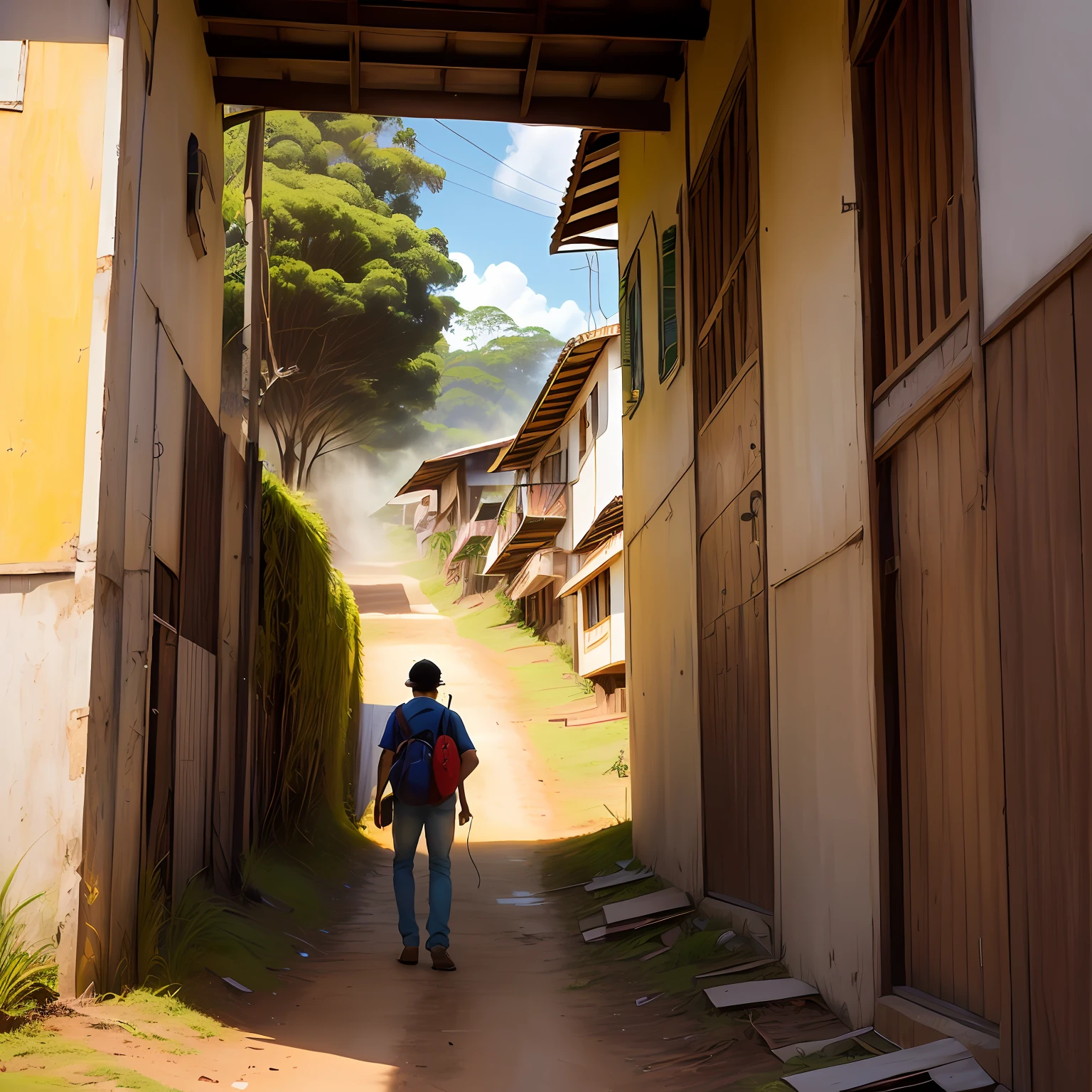 Imagem de um garoto chegando a uma aldeia