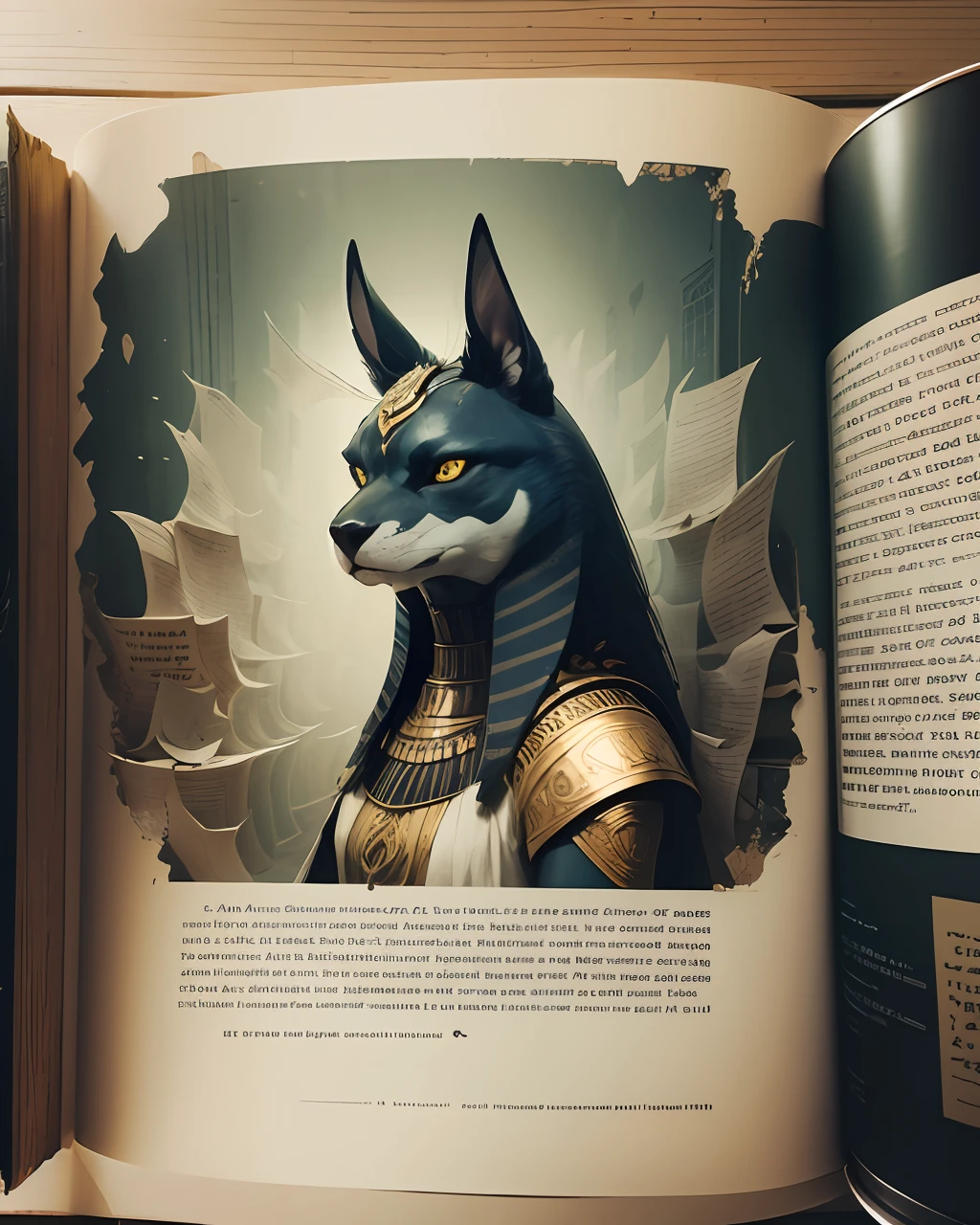 Photograph of an old, damaged book with yellowed pages with old text written "ANUBIS" on the pages and a little image of the anubis scrawled on the bottom of the page --auto --s2