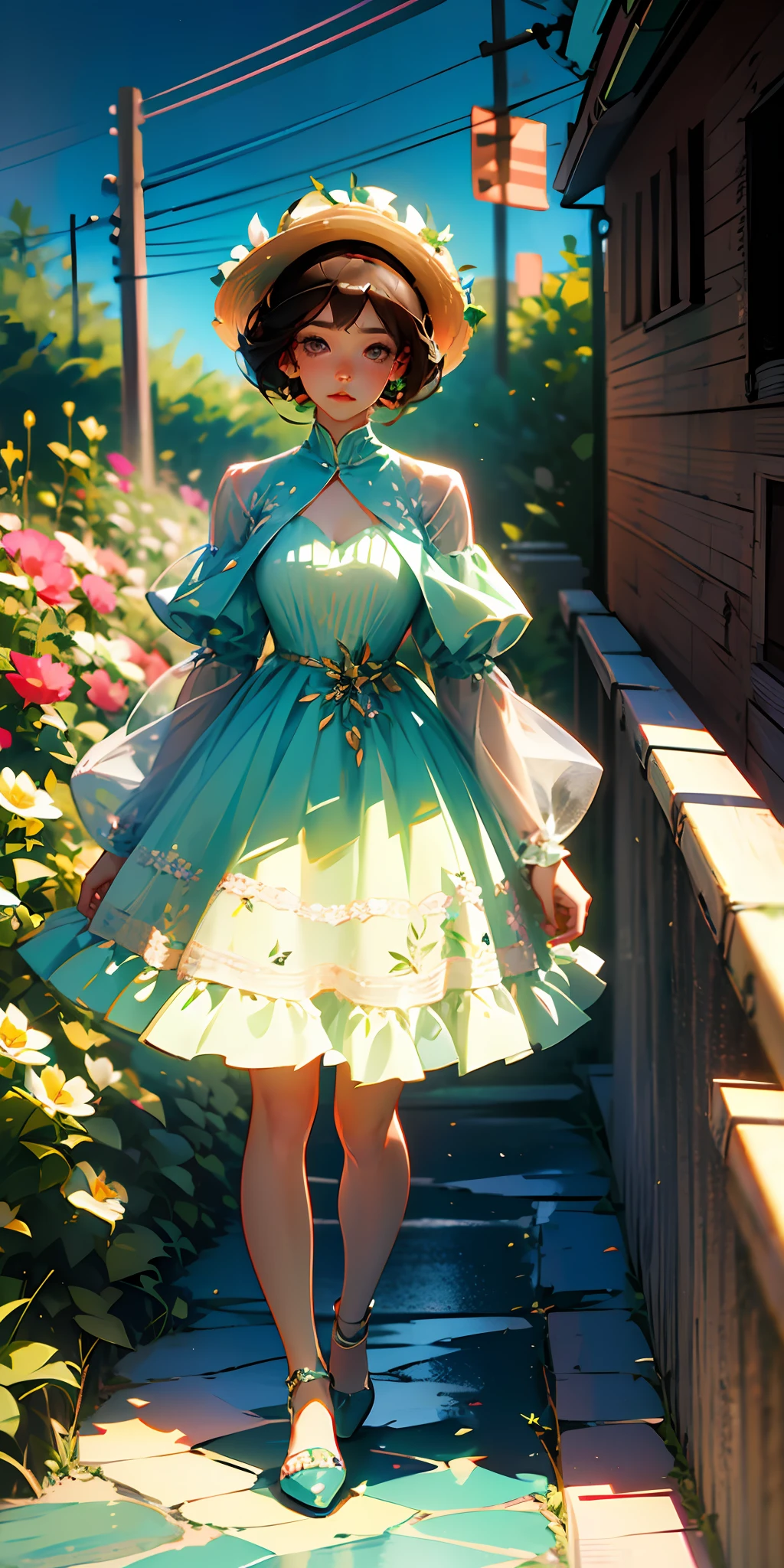 girl with short brown hair, brown eyes, wearing a dress made with real flowers. full body image, anime style.  - --auto --s2