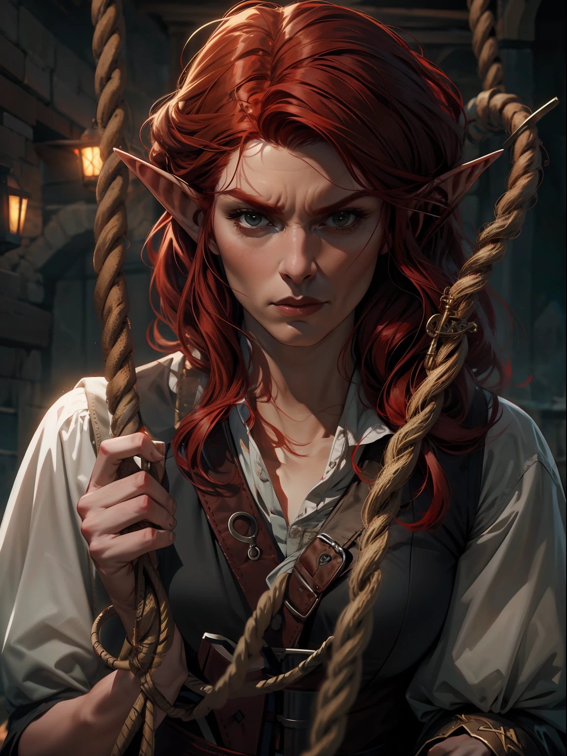 game card, Red-haired elf holding a noose, expression serious, intensidade de close-up, master part, best quality, ultra-detalhado, Beautiful cinematic lighting, detalhes intrincados, Olhando para o Viewer, Profundidade de campo-AR 2:3-s 200