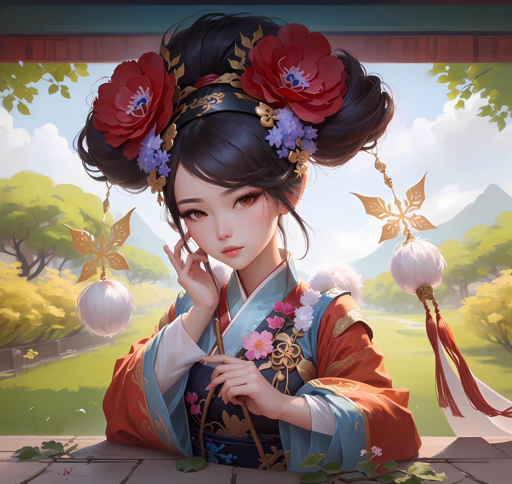 a close up of a woman with a flower in her hair, Palace ， A girl in Hanfu, onmyoji portrait, Onmyoji detailed art, inspired by Park Hua, Inspired by Lan Ying, Guviz-style artwork, Beautiful character painting, Extremely detailed Artgerm, G Liulian art style