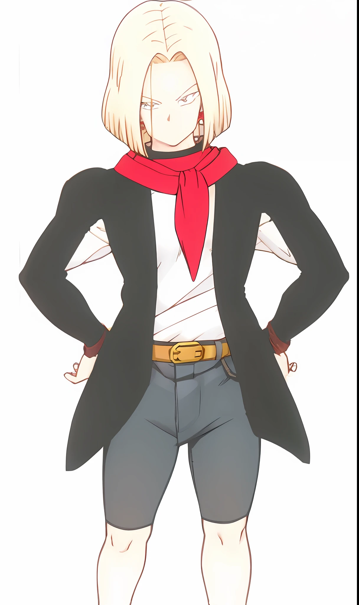 Villainous man with bad face, cabelos brancos e olhos azuis maus 2D ART roupas realistas anime red scarf Black cloak white shirt Grey Pants and Golden belt