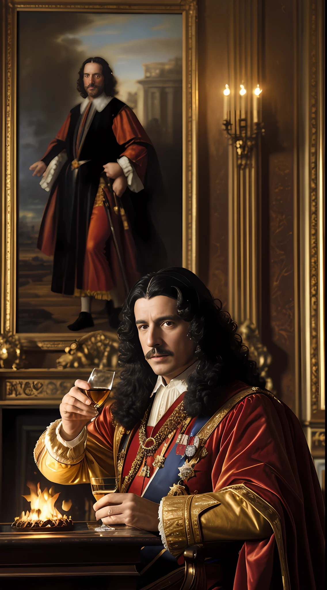 (masterpiece, UHD, oil painting, Greg Rutkowski's style influence:1.2), King Charles II of England, (elaborate 17th-century royal attire:1.2), black curled wig, raising his (whisky glass:1.1), amber liquid, glint of light, grand fireplace background, ornate woodwork, (flickering firelight:1.1), lavish paintings, vibrant colors, opulent atmosphere, diagonal shot, looking at viewer, toasting.